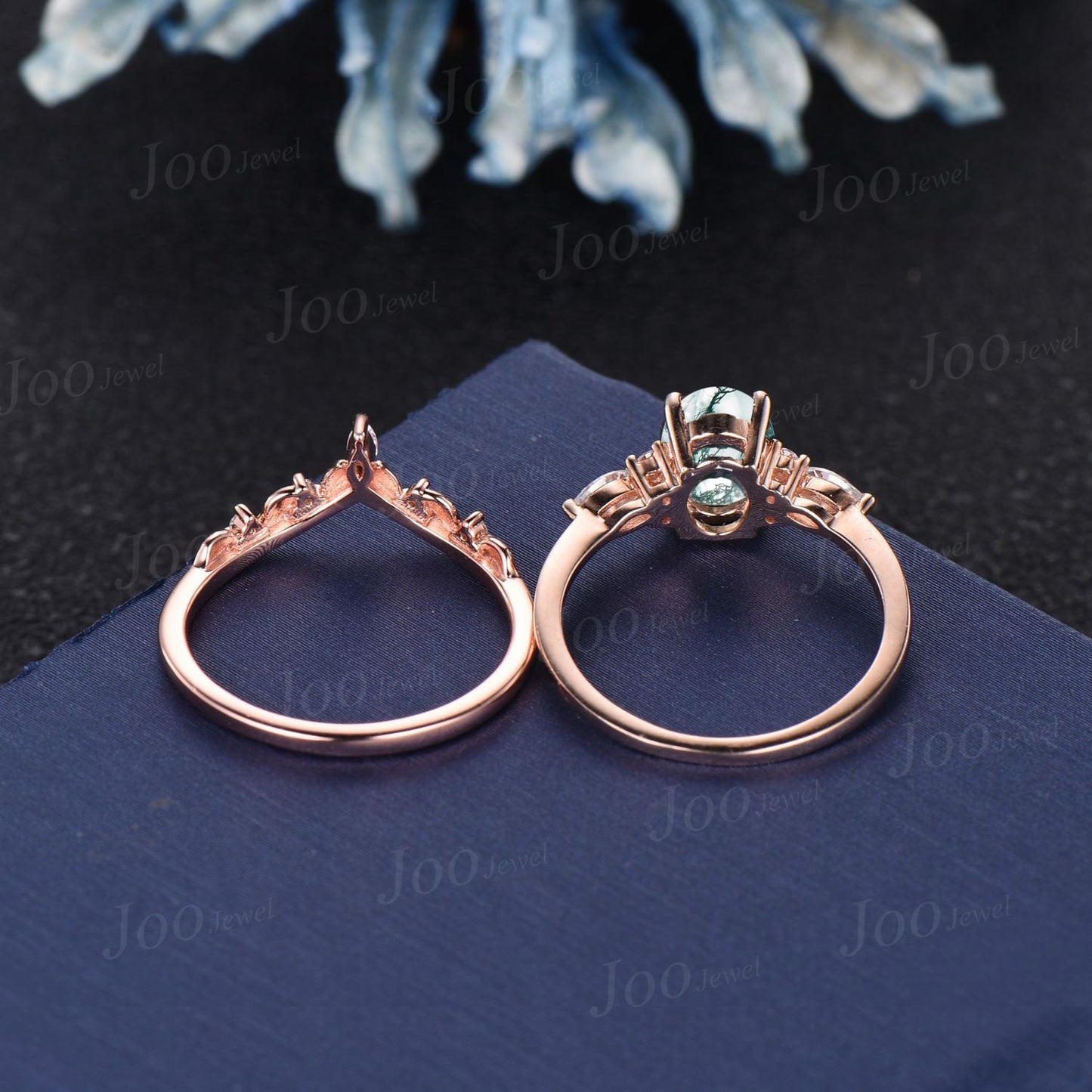 1.5ct Oval Cut Moss Agate Engagement Bridal Ring Set 14K Rose Gold Cluster Moissanite Diamond Ring Twig Vine Branch Wedding Band for Women