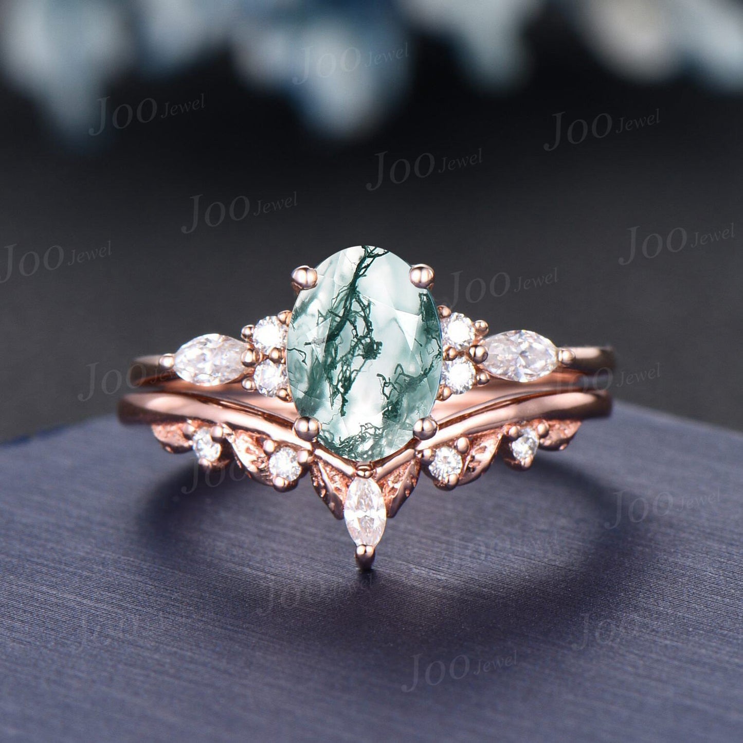 1.5ct Oval Cut Moss Agate Engagement Bridal Ring Set 14K Rose Gold Cluster Moissanite Diamond Ring Twig Vine Branch Wedding Band for Women
