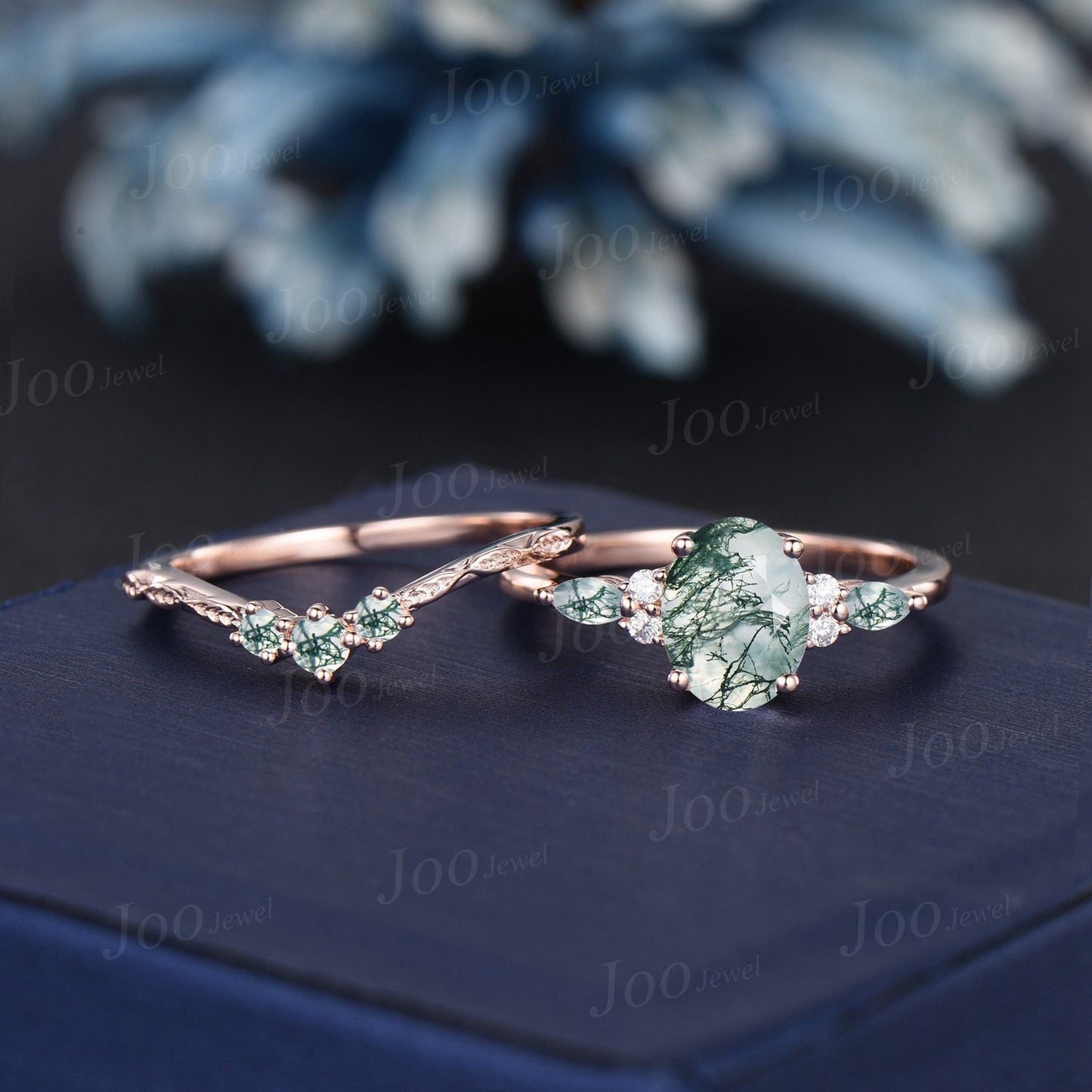 1.5ct Oval Moss Agate Ring Nature Inspired Engagement Ring Set Green Gemstone Jewelry Branch Twig Vine Moss Wedding Band Unique Promise Gift