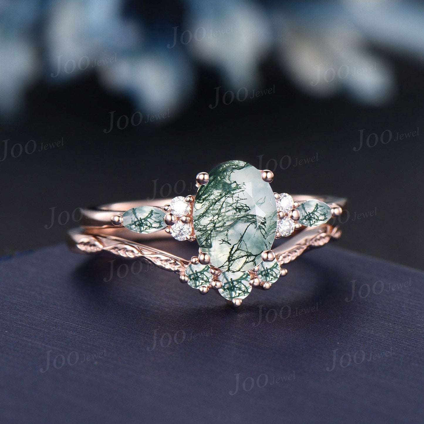 1.5ct Oval Moss Agate Ring Nature Inspired Engagement Ring Set Green Gemstone Jewelry Branch Twig Vine Moss Wedding Band Unique Promise Gift