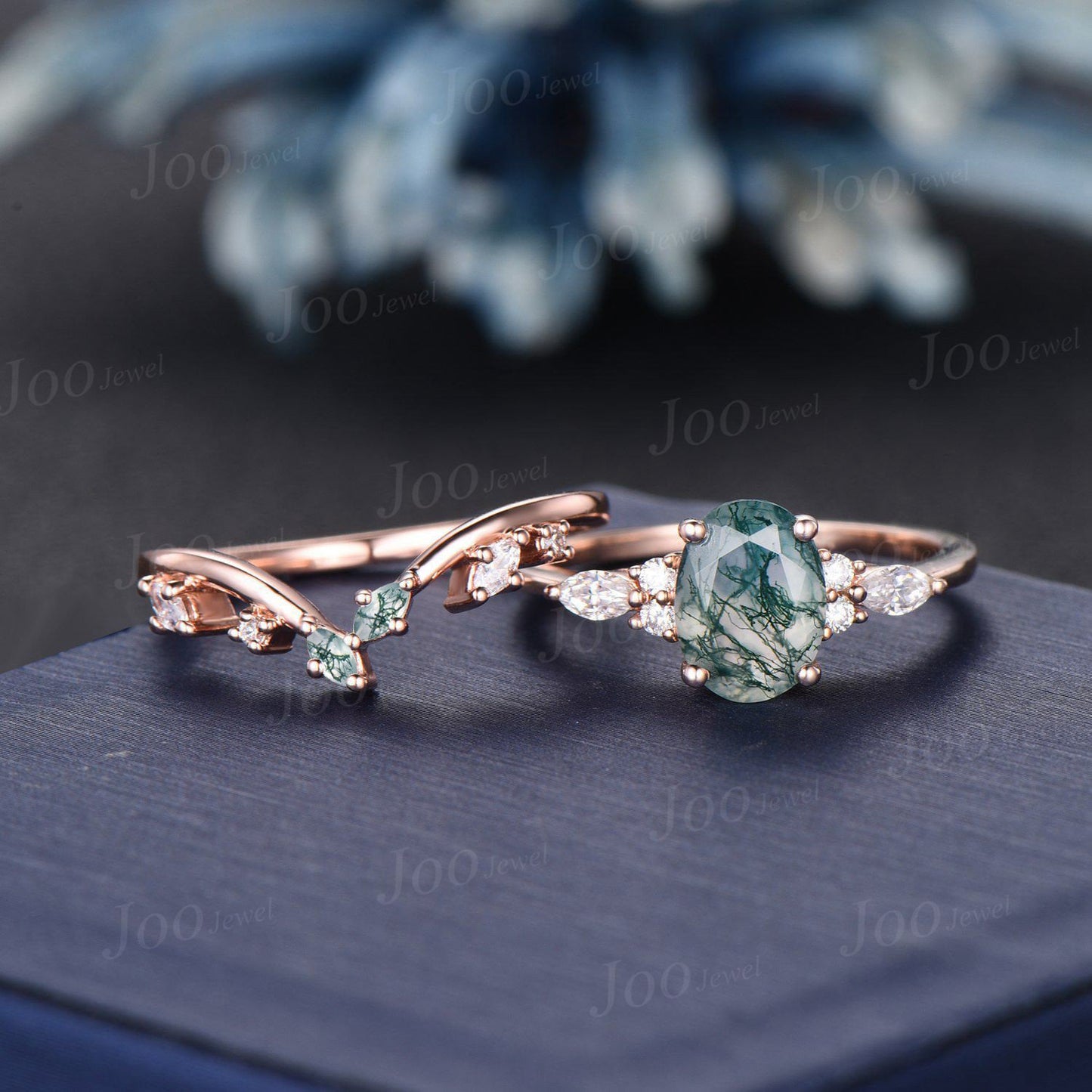 1.5ct Oval Natural Moss Agate Engagement Rings Set Rose Gold Cluster Aquatic Agate Bridal Ring Marquise Leaf Agate Moissanite Wedding Rings