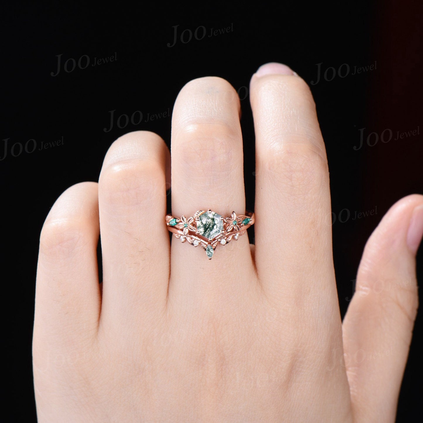 1ct Natural Hexagon Moss Agate Ring Set Vintage Nature Inspired Engagement Ring Floral Green Emerald Ring Flower Leaf Gemstone Promise Rings