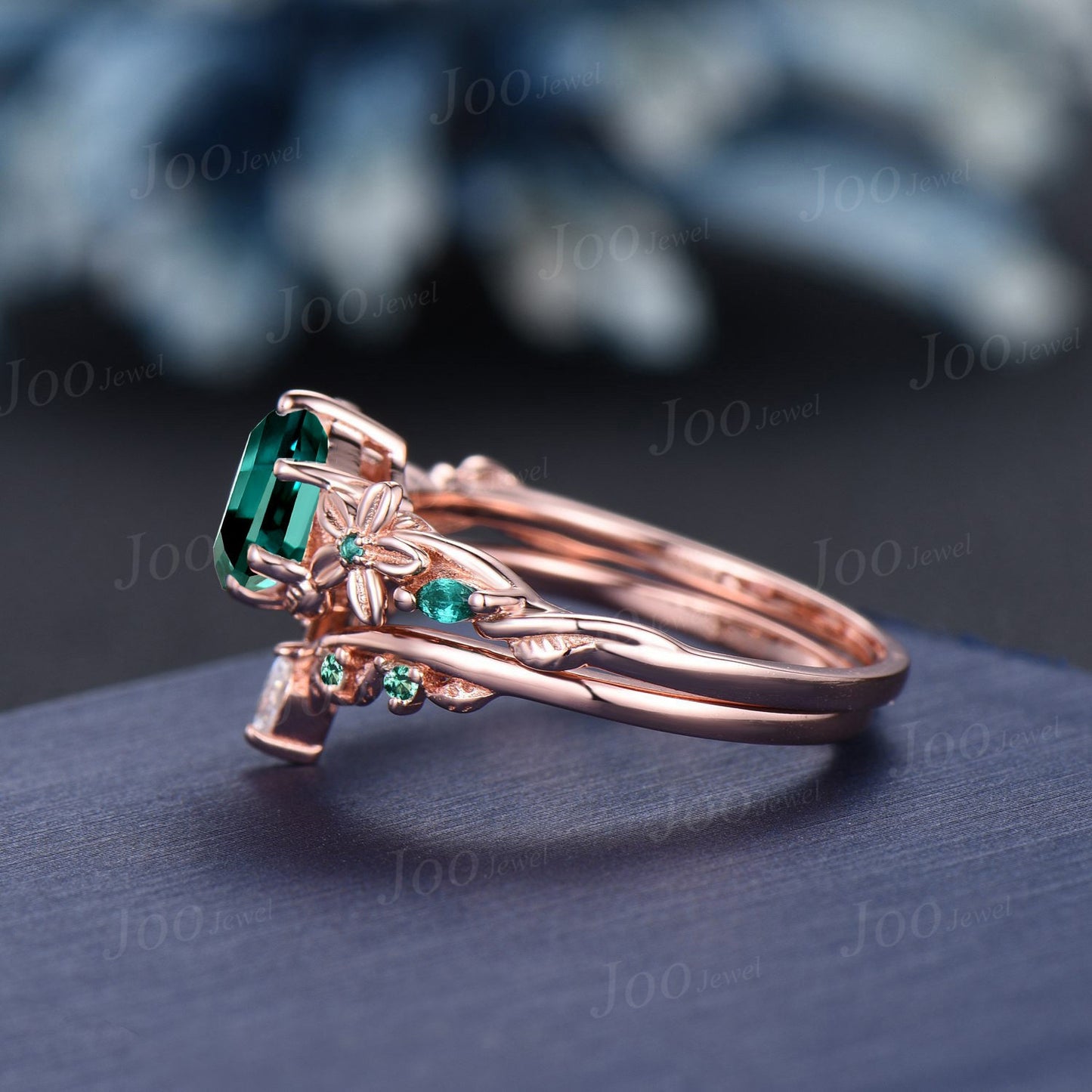 Nature Inspired Green Emerald Engagement Ring Set 1ct Hexagon Wedding Ring Set Floral Branch Green Emerald Promise Rings May Birthstone Gift