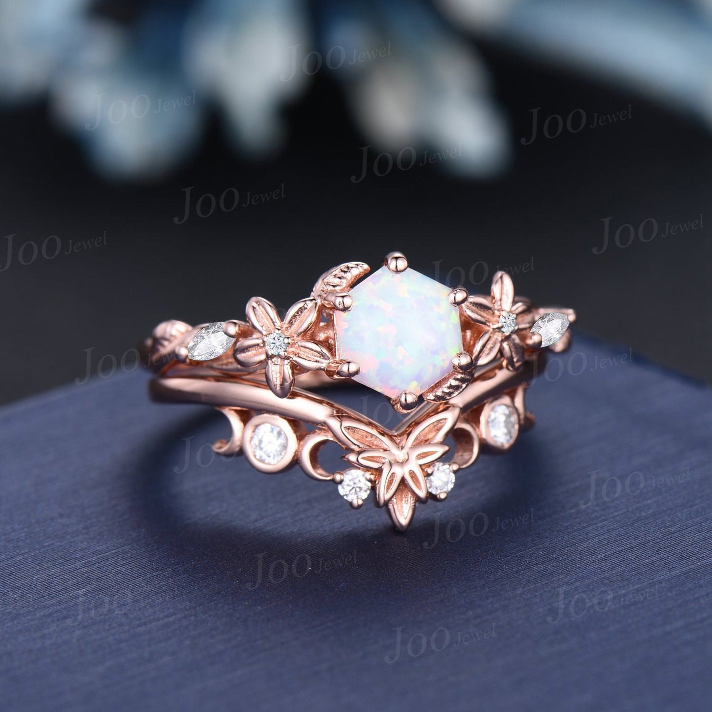 Nature Inspired White Opal Ring Set for Women 14k Rose Gold Branch Floral Moissanite Opal Engagement Ring October Birthstone Jewelry Gifts
