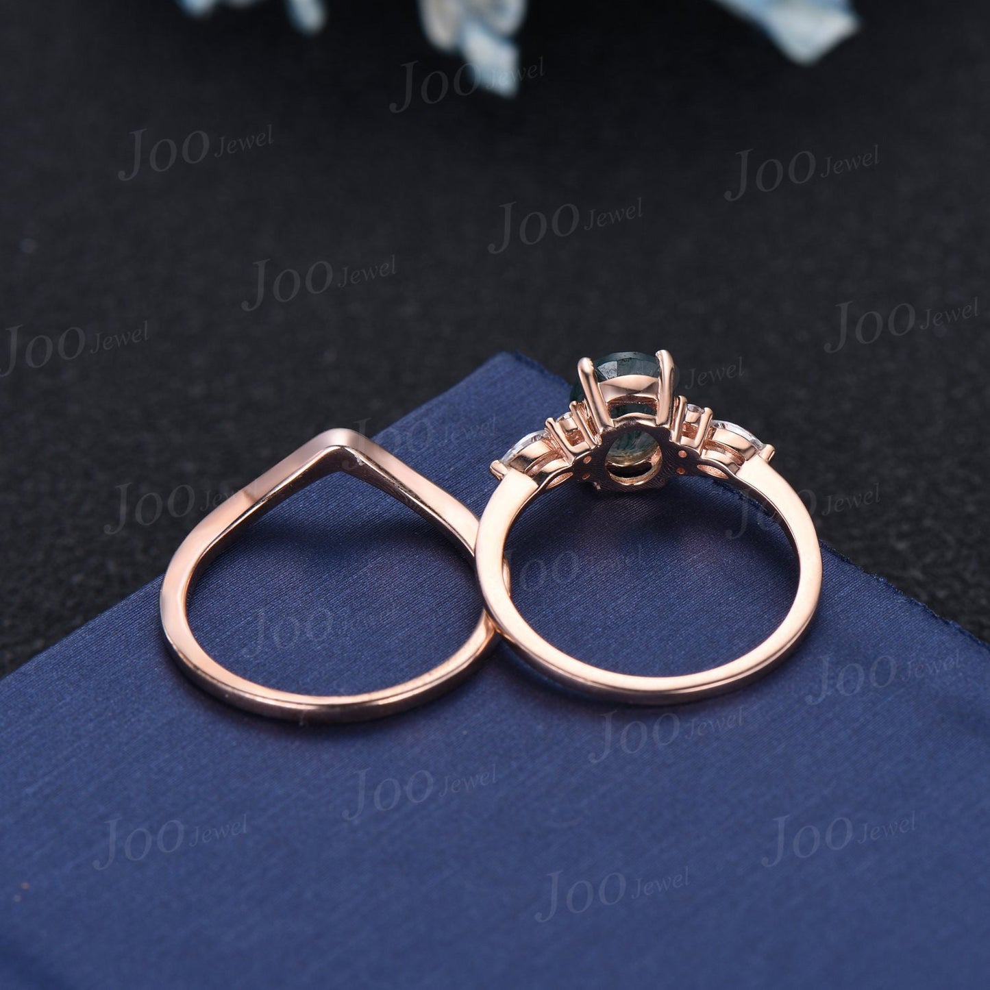 1.5ct Oval Natural Green Moss Agate Engagement Ring Set 14K Rose Gold Cluster Aquatic Agate Moissanite Promise Ring Woman Plain Wedding Band