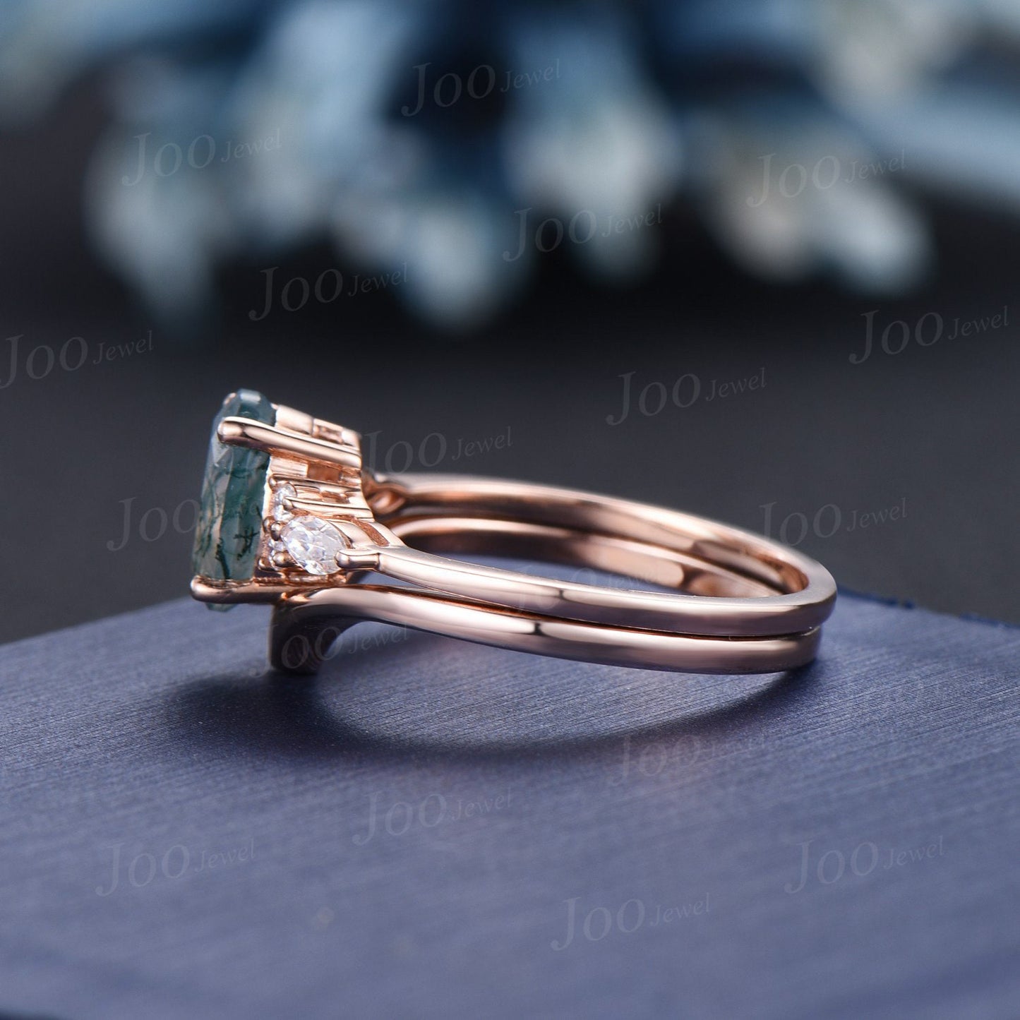 1.5ct Oval Natural Green Moss Agate Engagement Ring Set 14K Rose Gold Cluster Aquatic Agate Moissanite Promise Ring Woman Plain Wedding Band
