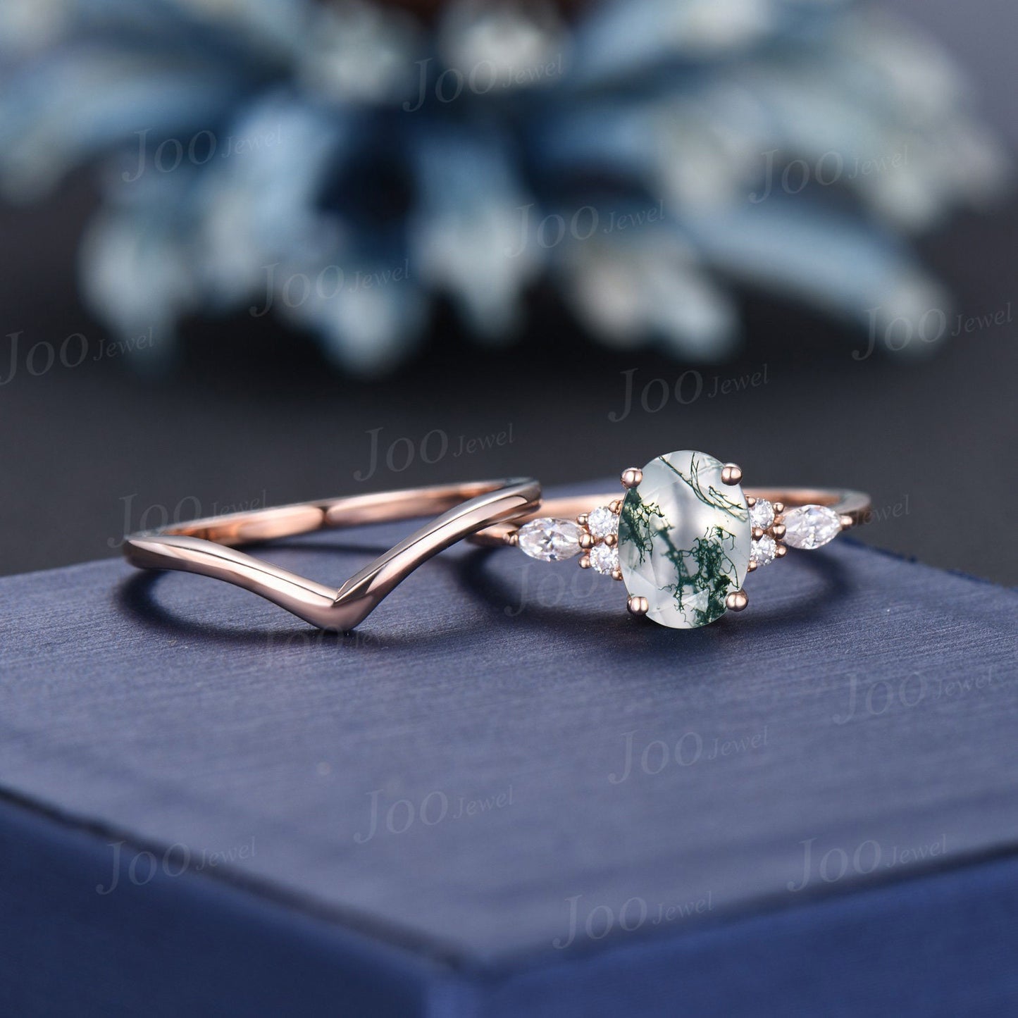 1.5ct Oval Natural Green Moss Agate Engagement Ring Set 14K Rose Gold Cluster Aquatic Agate Moissanite Promise Ring Woman Plain Wedding Band