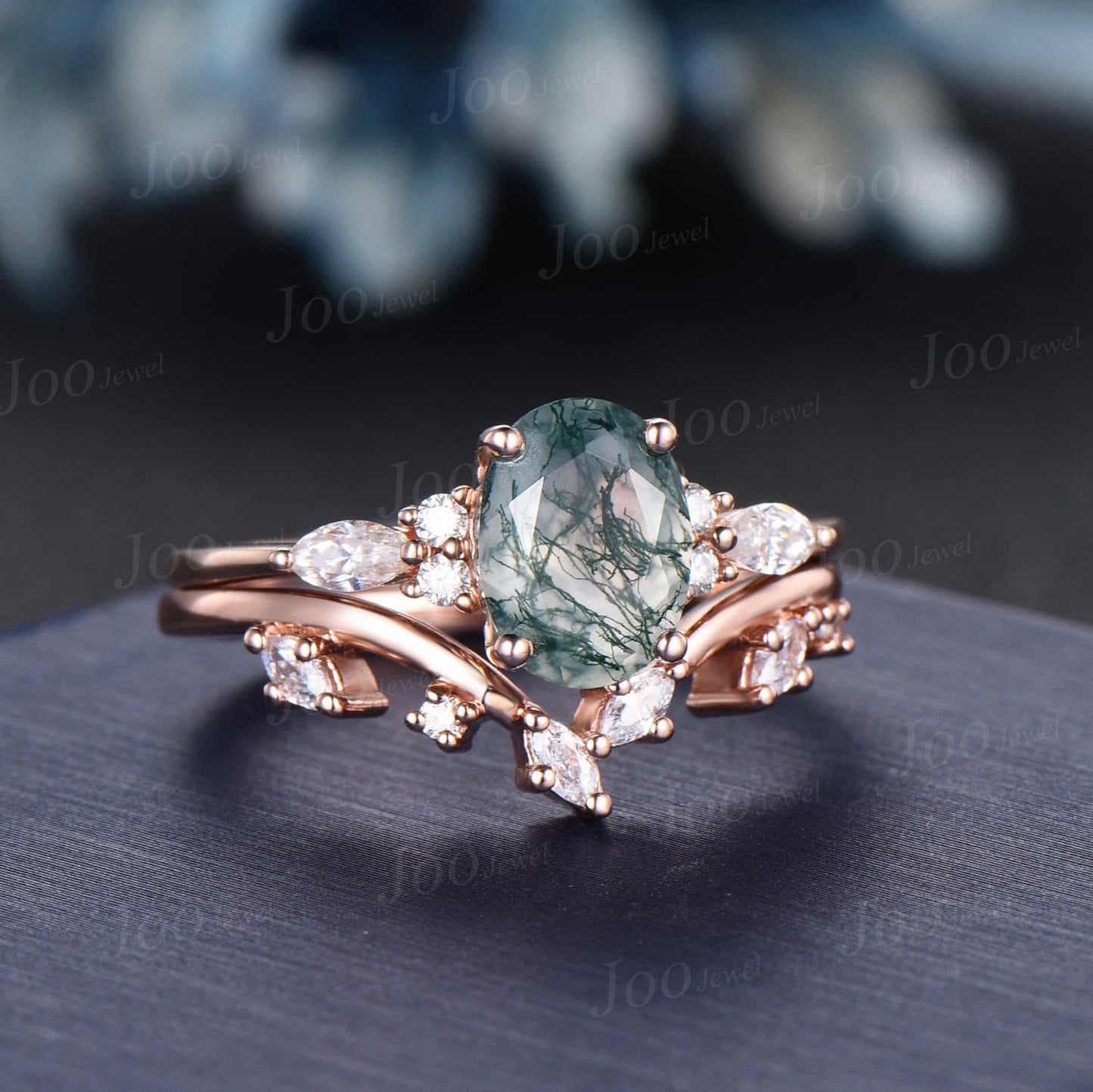 1.5ct Oval Natural Moss Agate Engagement Rings Set Rose Gold Cluster Aquatic Agate Bridal Ring Marquise Leaf Moissanite Nature Wedding Rings