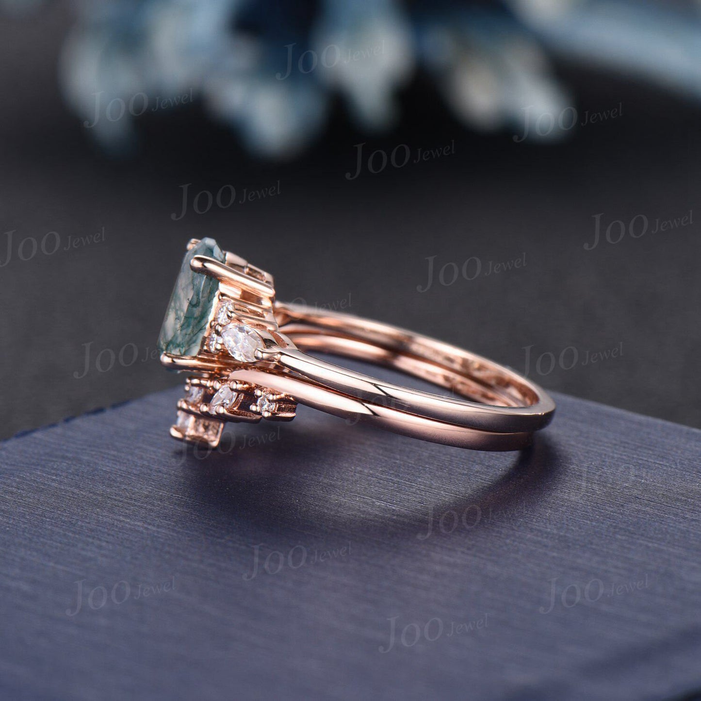 1.5ct Oval Natural Moss Agate Engagement Rings Set Rose Gold Cluster Aquatic Agate Bridal Ring Marquise Leaf Moissanite Nature Wedding Rings