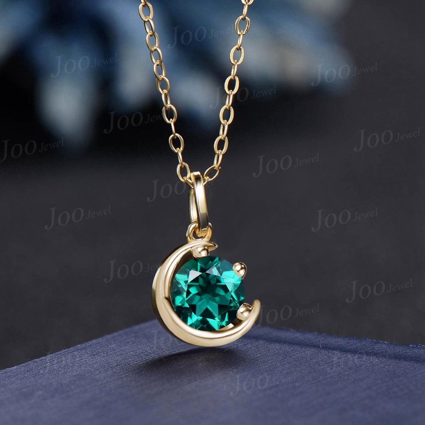 1ct Round Green Emerald Pendant Necklace Sterling Silver/14K Yellow Gold May Birthstone Gemstone Necklace Half Moon Emerald Chain Necklaces