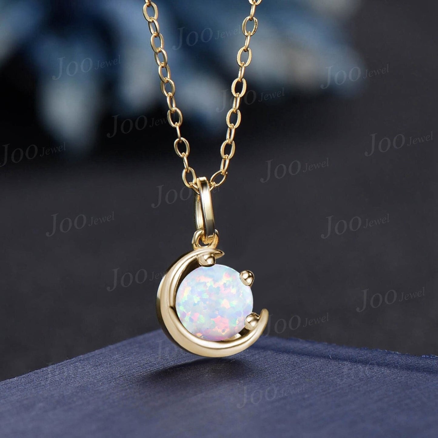 1ct Round White Fire Opal Pendant Necklace Sterling Silver/14K Yellow Gold October Birthstone Wedding Necklace Half Moon Opal Chain Necklace