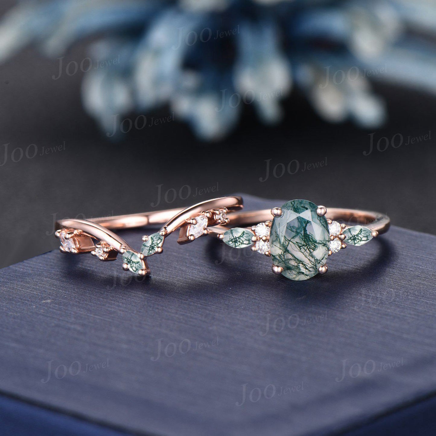 Natural Moss Agate Engagement Rings Set 10K Rose Gold Oval Bridal Set Cluster Aquatic Agate Marquise Leaf Agate Moissanite Wedding Rings