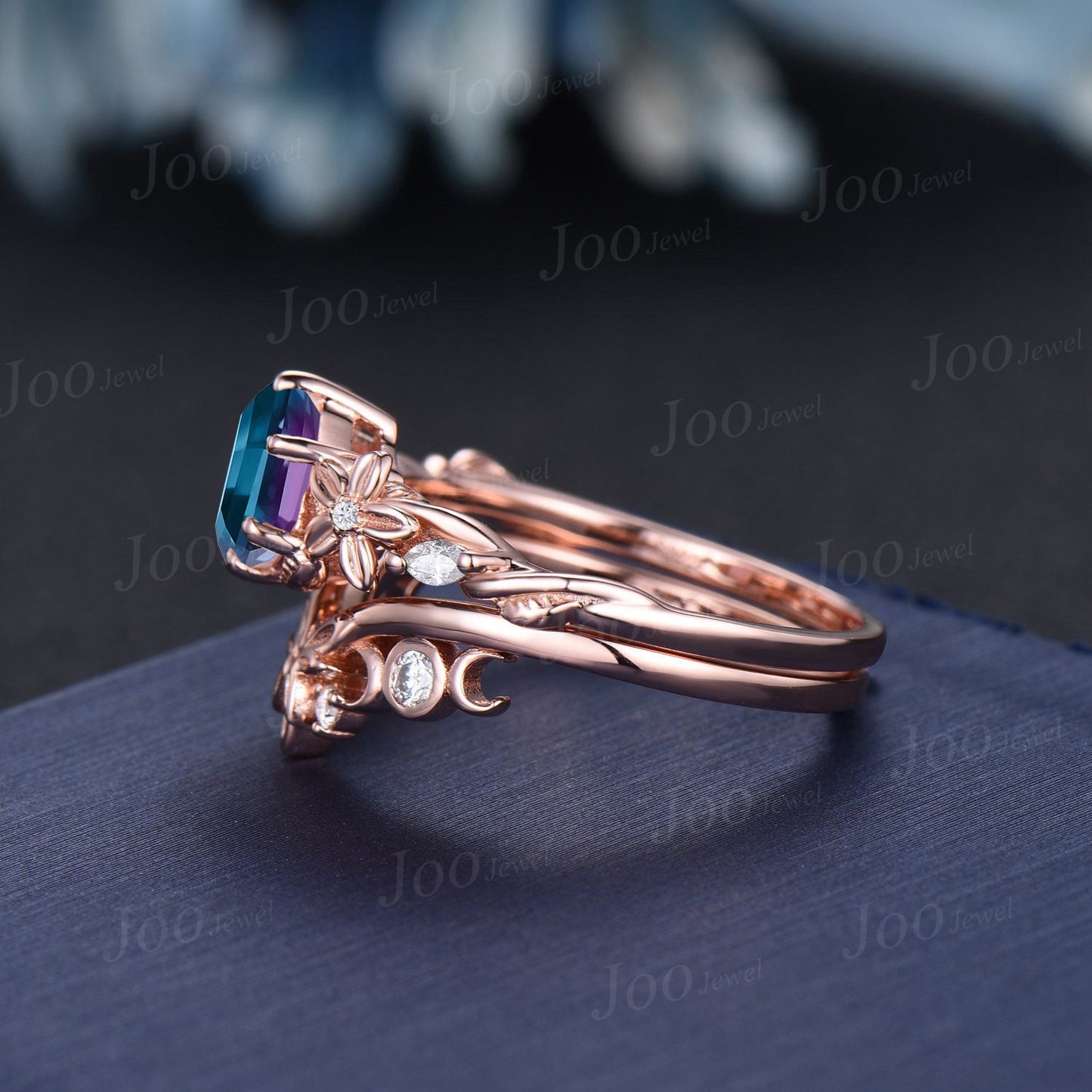 1ct Nature Inspired Flower Color-Change Alexandrite Engagement Ring Set 14K Rose Gold Moissanite Wedding Ring June Birthstone Jewelry Gifts