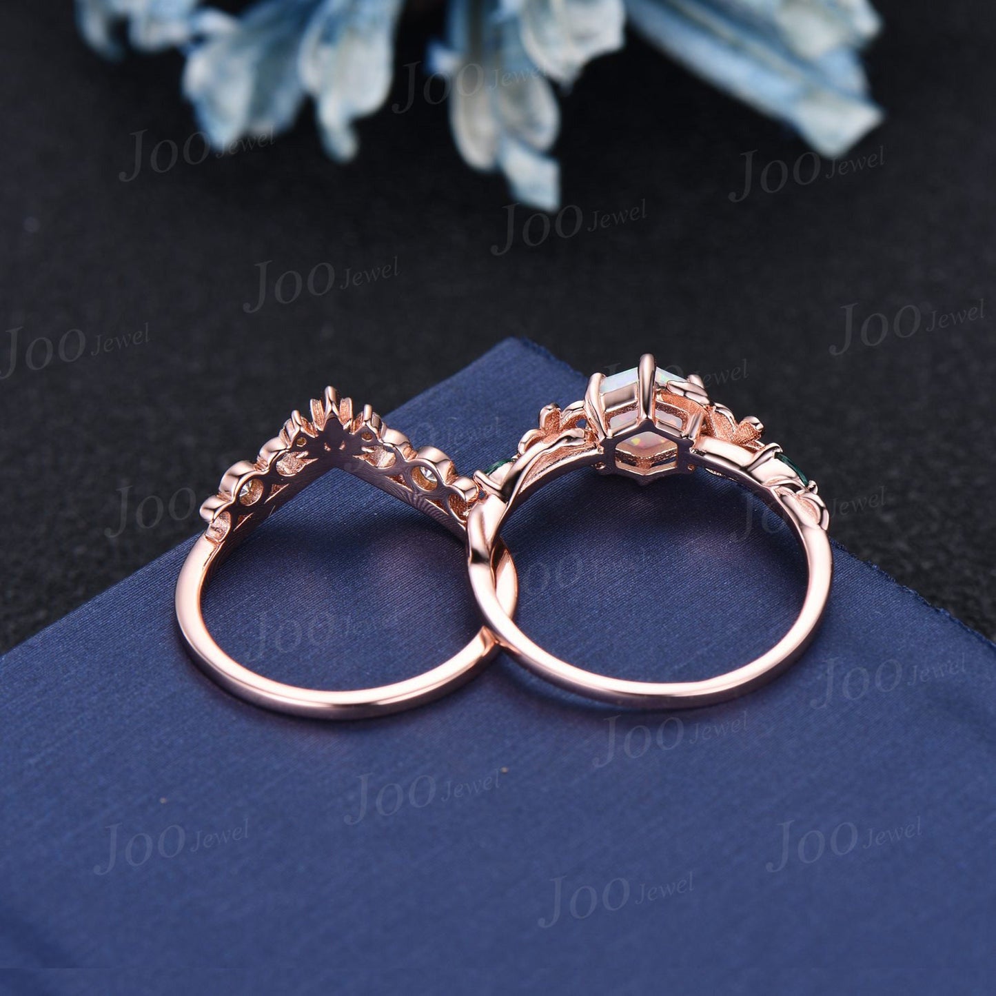 1ct Nature Inspired Flower Color-Change Alexandrite Engagement Ring Set 14K Rose Gold Moissanite Wedding Ring June Birthstone Jewelry Gifts
