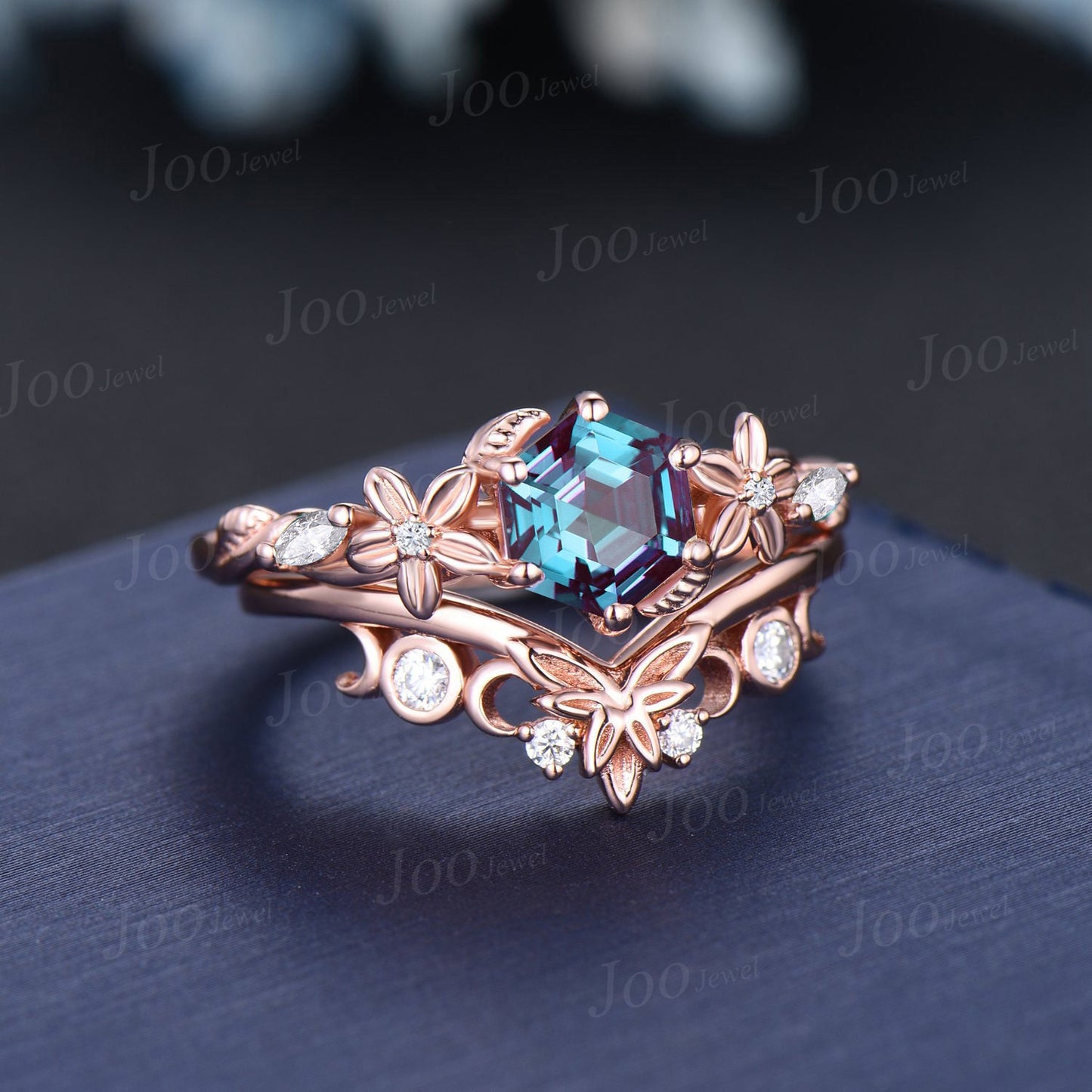 1ct Nature Inspired Flower Color-Change Alexandrite Engagement Ring Set 14K Rose Gold Moissanite Wedding Ring June Birthstone Jewelry Gifts
