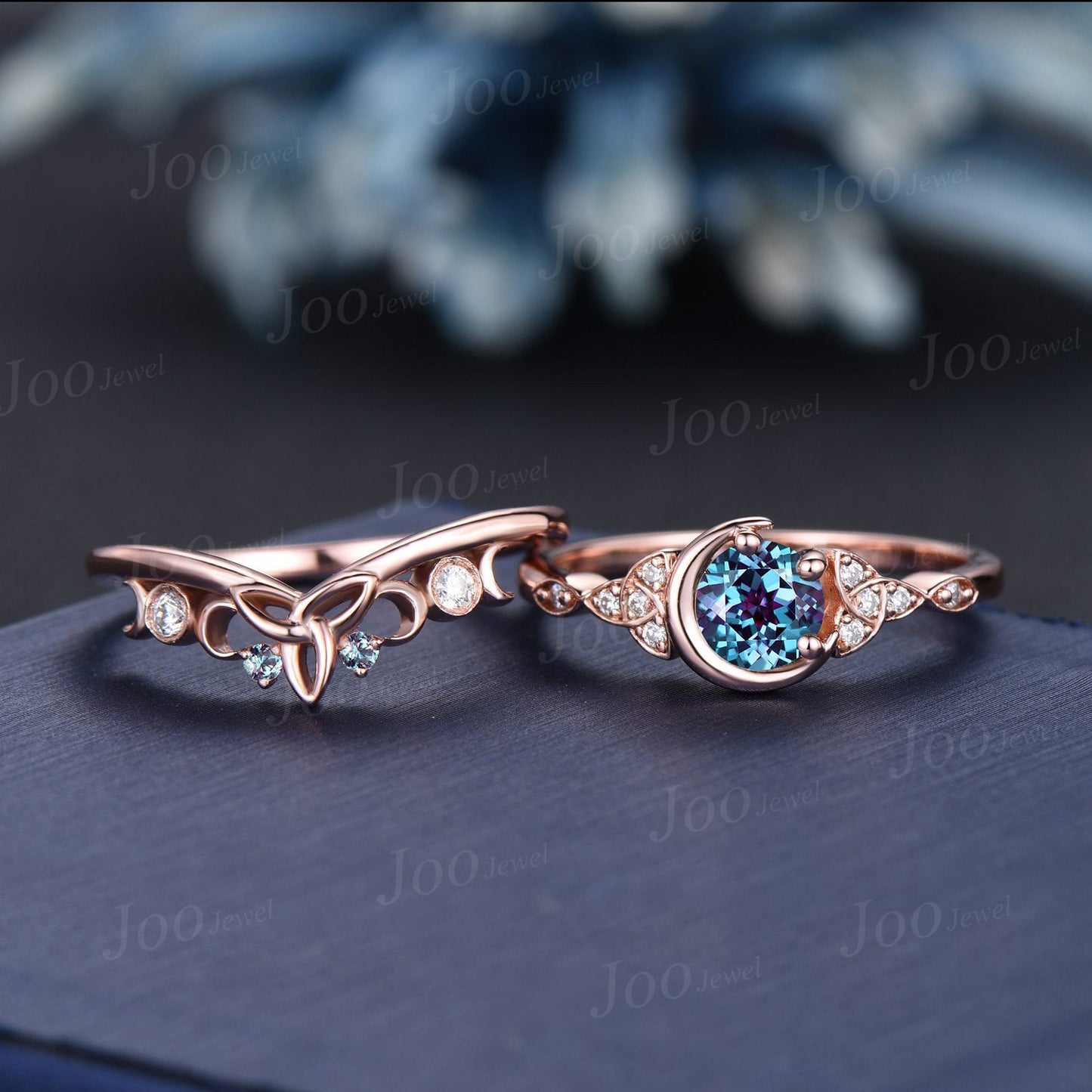5mm Round Color-Change Alexandrite Celestial Moon Wedding Ring Moissanite Celtic Knot Trinity Band 10K Rose Gold June Birthstone Bridal Ring