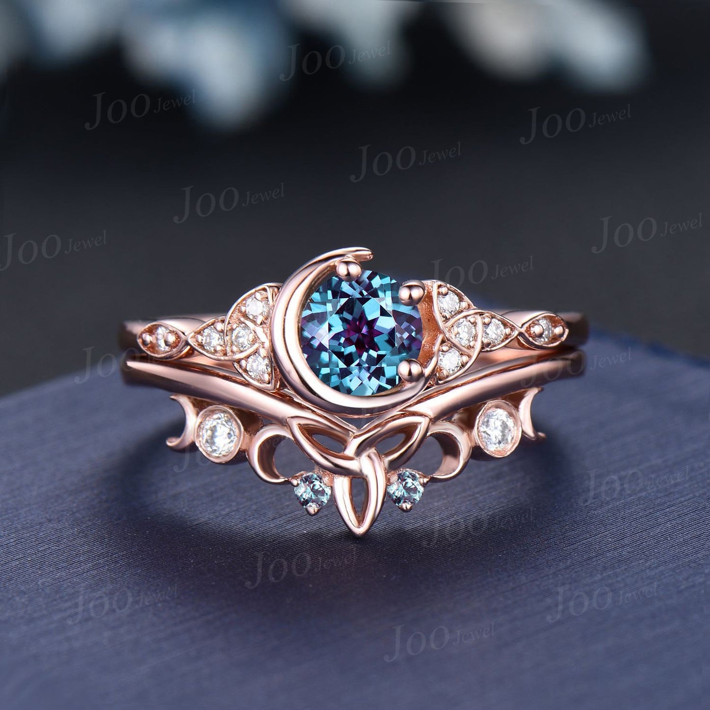 5mm Round Color-Change Alexandrite Celestial Moon Wedding Ring Moissanite Celtic Knot Trinity Band 10K Rose Gold June Birthstone Bridal Ring