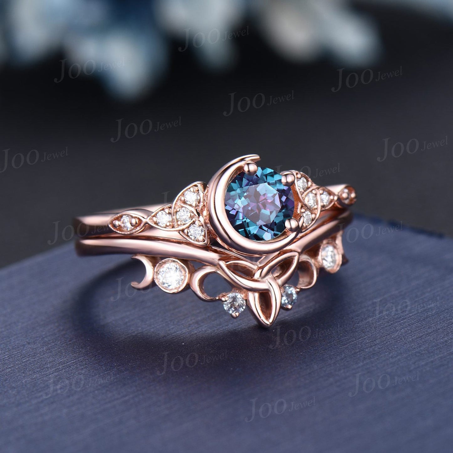 5mm Round Color-Change Alexandrite Celestial Moon Wedding Ring Moissanite Celtic Knot Trinity Band 10K Rose Gold June Birthstone Bridal Ring
