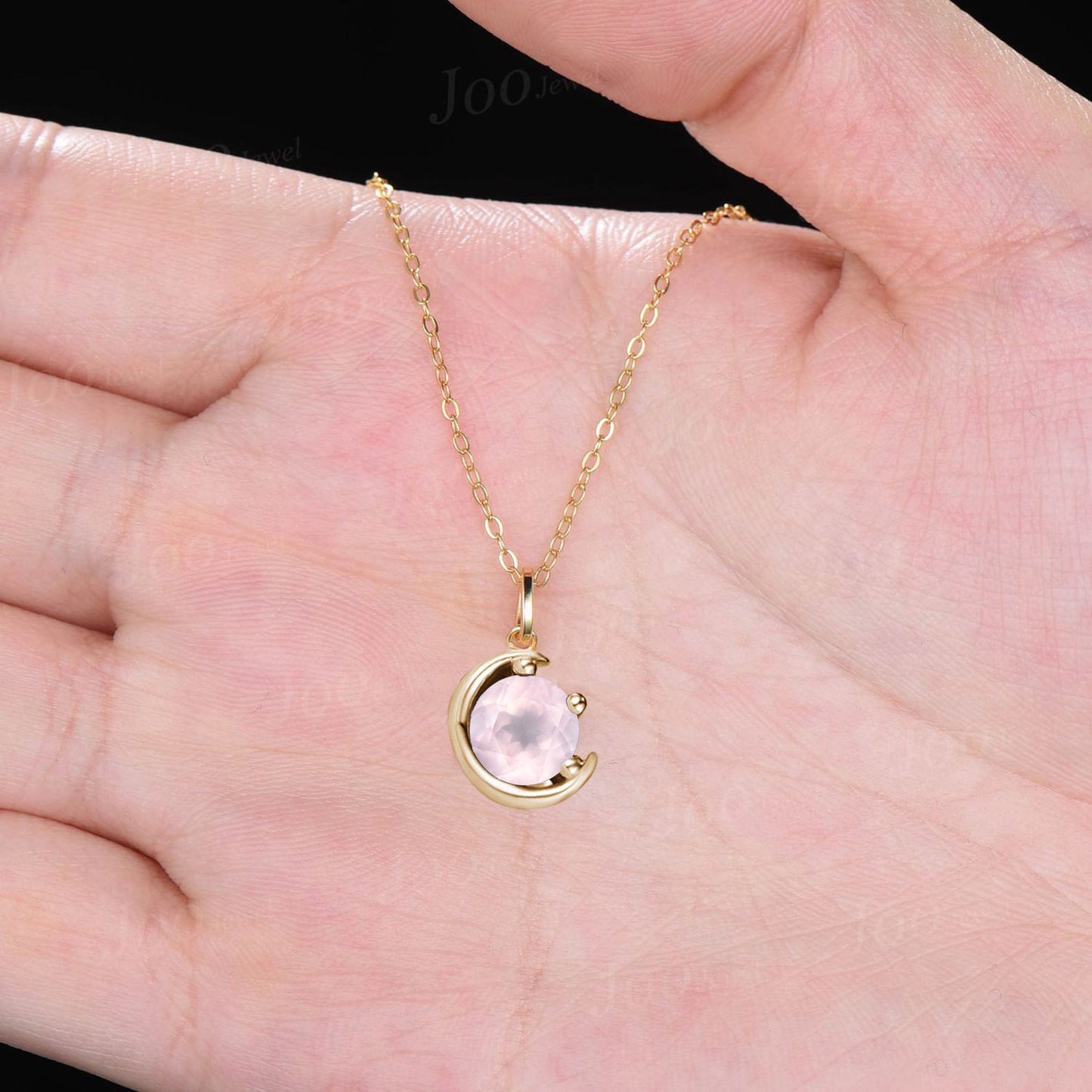 1ct Round Natural Rose Quartz Necklace Silver/14K Yellow Gold Half Moon Pink Gemstone Chain Necklace Valentine's Day Jewelry Gift for Couple