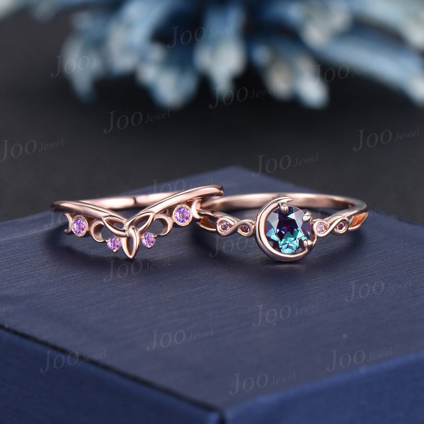 5mm Round Color-Change Alexandrite Engagement Ring Set Infinite Love Design Amethyst Ring Celtic Trinity Knot Moon Alexandrite Wedding Rings