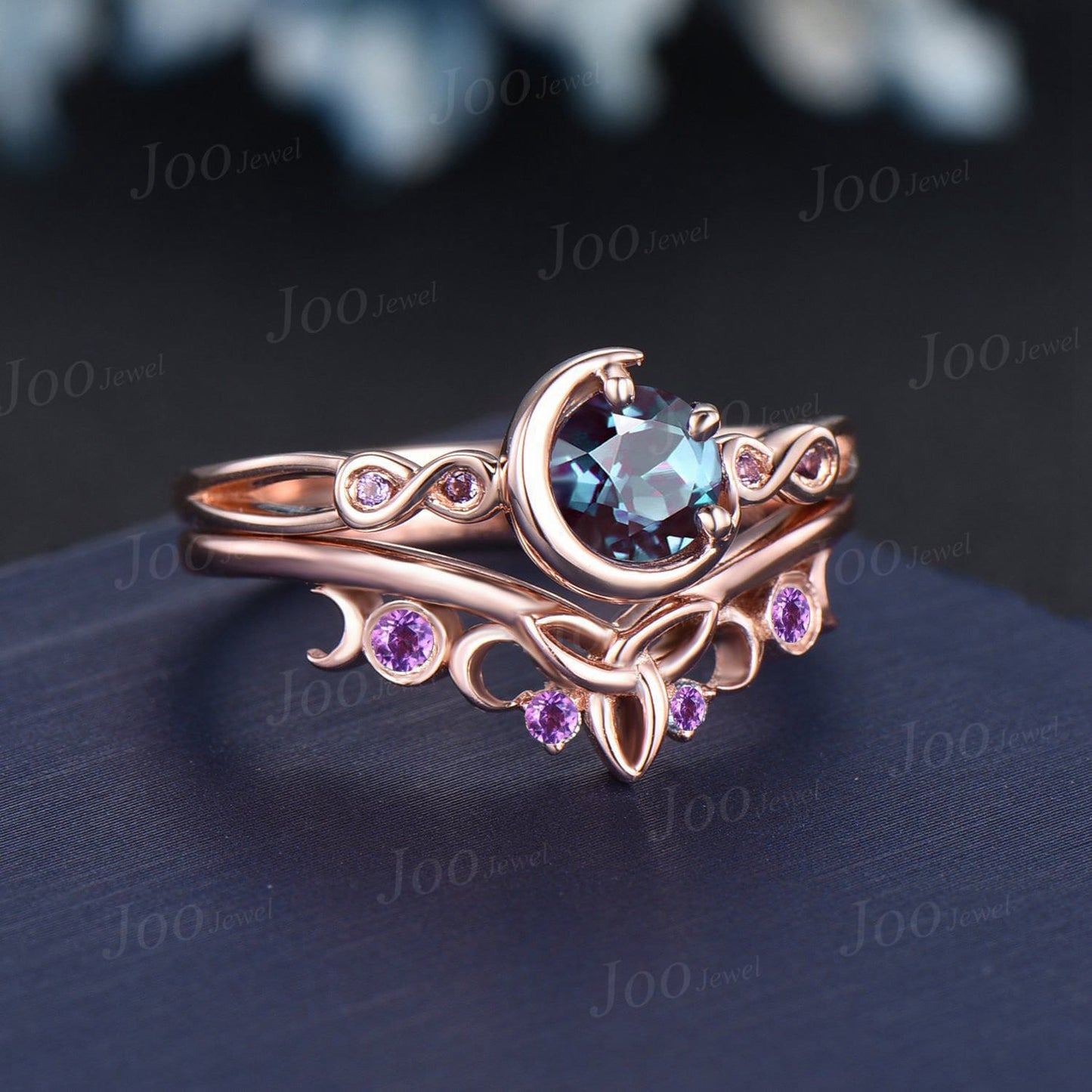 5mm Round Color-Change Alexandrite Engagement Ring Set Infinite Love Design Amethyst Ring Celtic Trinity Knot Moon Alexandrite Wedding Rings