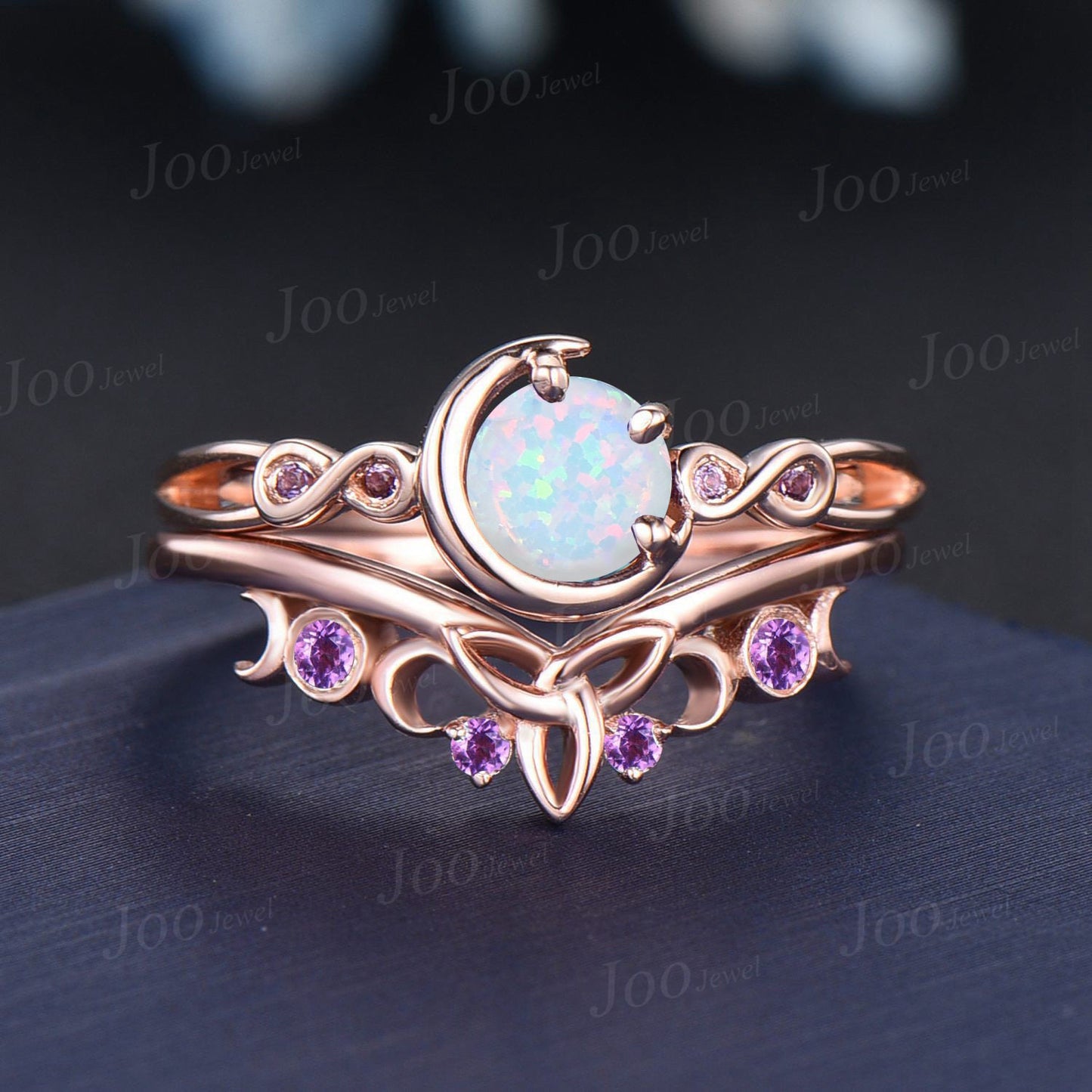 5mm Round Cut White Fire Opal Engagement Ring Set Infinite Love Cluster Amethyst Ring Celtic Trinity Knot Moon Opal Amethyst Wedding Rings