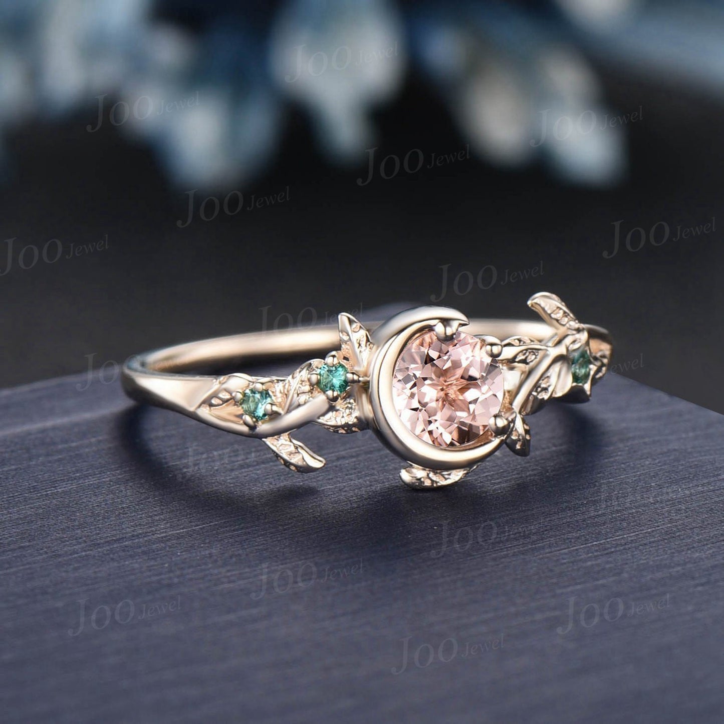 14K Solid Gold Round Cut Natural Morganite Ring Nature Inspired Engagement Ring Moon Star Wedding Ring Branch Leaf Vine Green Emerald Ring