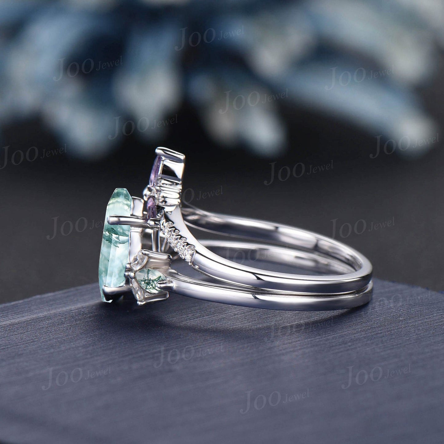 Unique Kite Natural Moss Agate Engagement Ring Set 10K White Gold Vintage Cluster Moissanite Wedding Ring 2pcs Green Moss Agate Bridal Ring