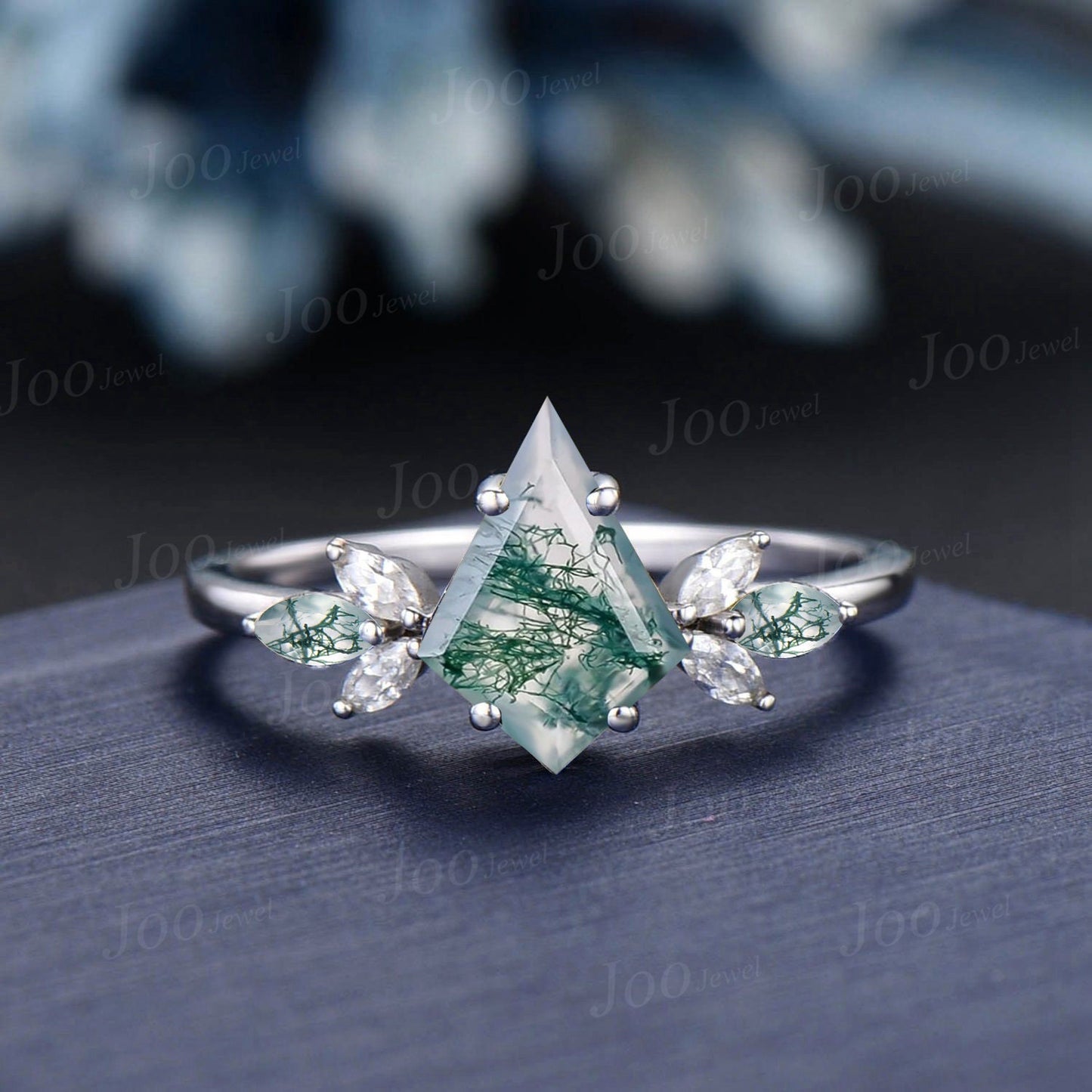 Unique Kite Natural Moss Agate Engagement Ring Set 10K White Gold Vintage Cluster Moissanite Wedding Ring 2pcs Green Moss Agate Bridal Ring