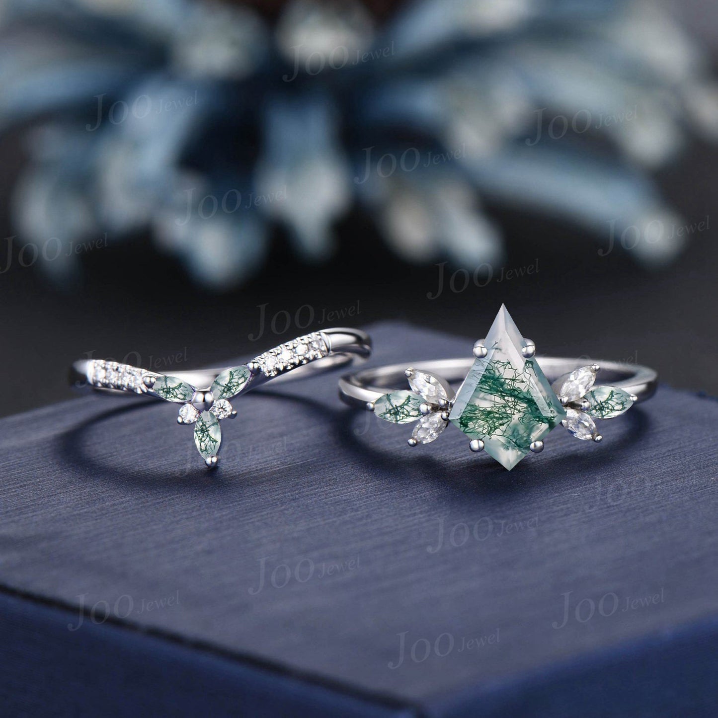 Unique Kite Natural Moss Agate Engagement Ring Set 10K White Gold Vintage Cluster Moissanite Wedding Ring 2pcs Green Moss Agate Bridal Ring