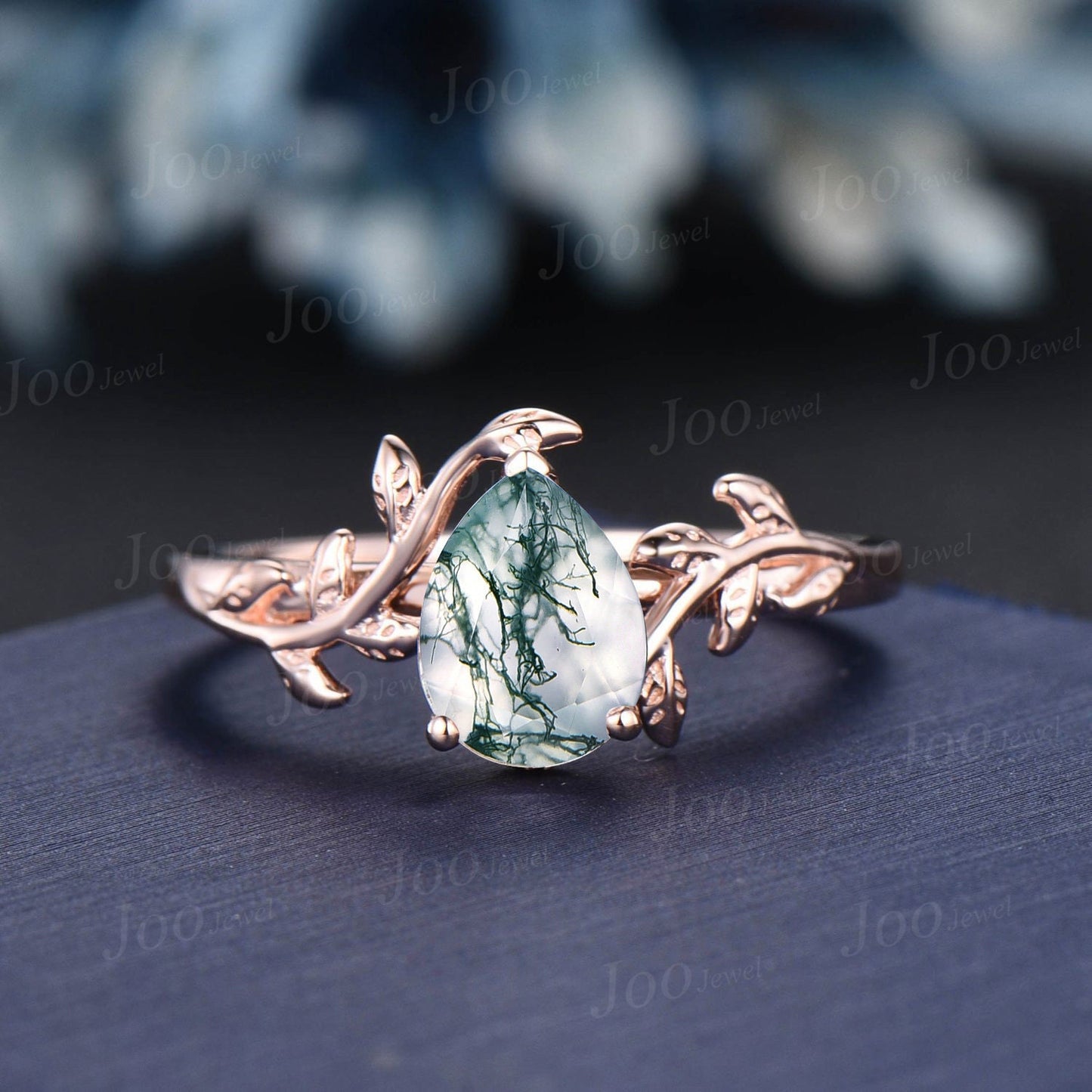 1.25ct Pear Natural Moss Agate Diamond Bridal Ring Set 14K Rose Gold Vintage Branch Solitaire Ring Leaf Nature Wedding Ring Anniversary Gift