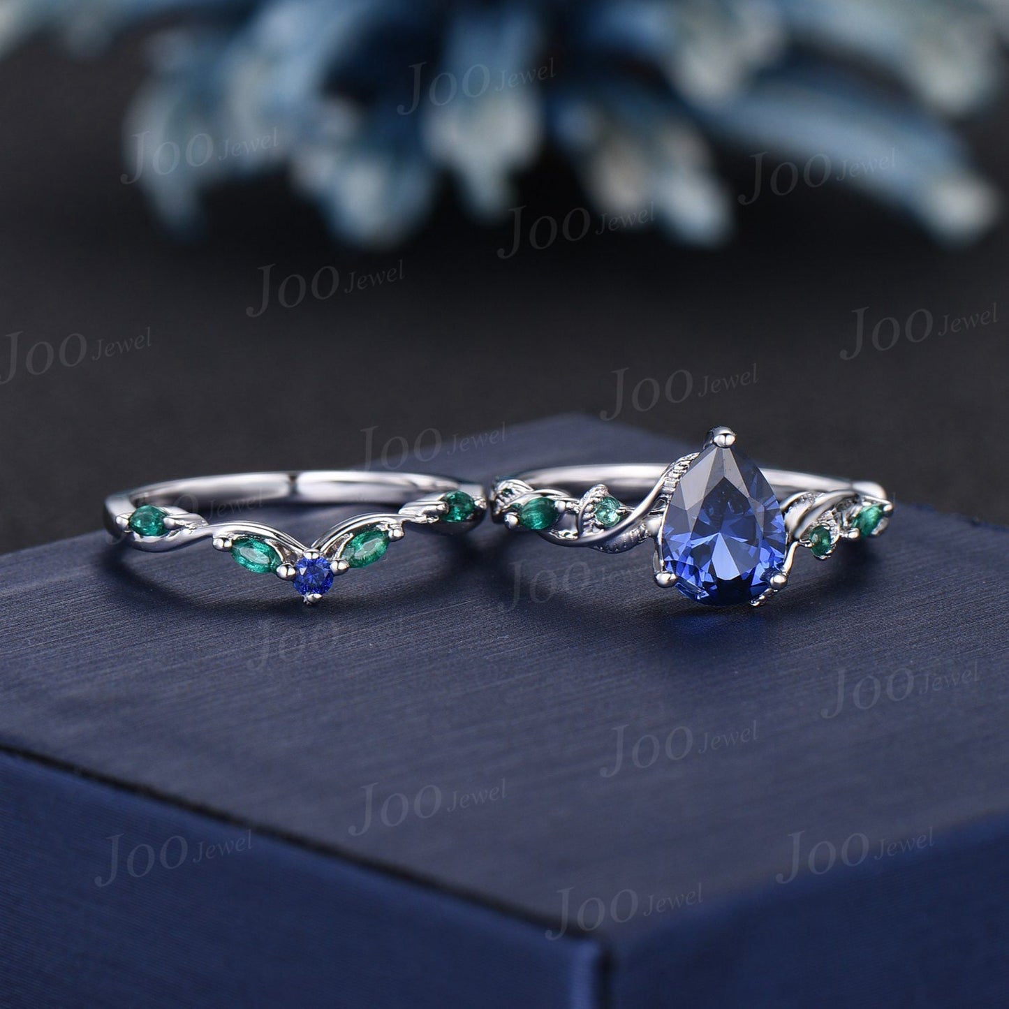 Twig Vine Blue Sapphire Engagement Ring Set Vintage Nature Inspired Pear Cut Blue Sapphire Emerald Promise Ring Antique Noble Gift for Women