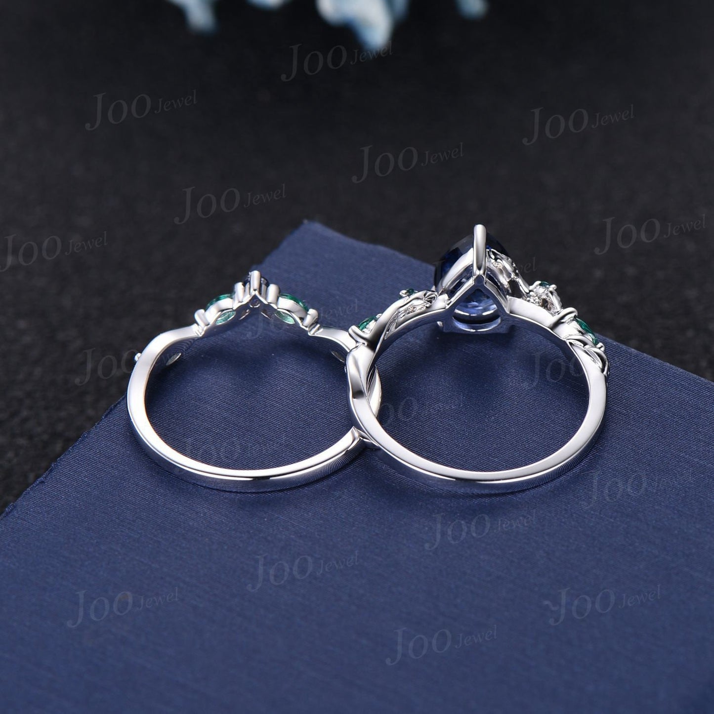 Twig Vine Blue Sapphire Engagement Ring Set Vintage Nature Inspired Pear Cut Blue Sapphire Emerald Promise Ring Antique Noble Gift for Women
