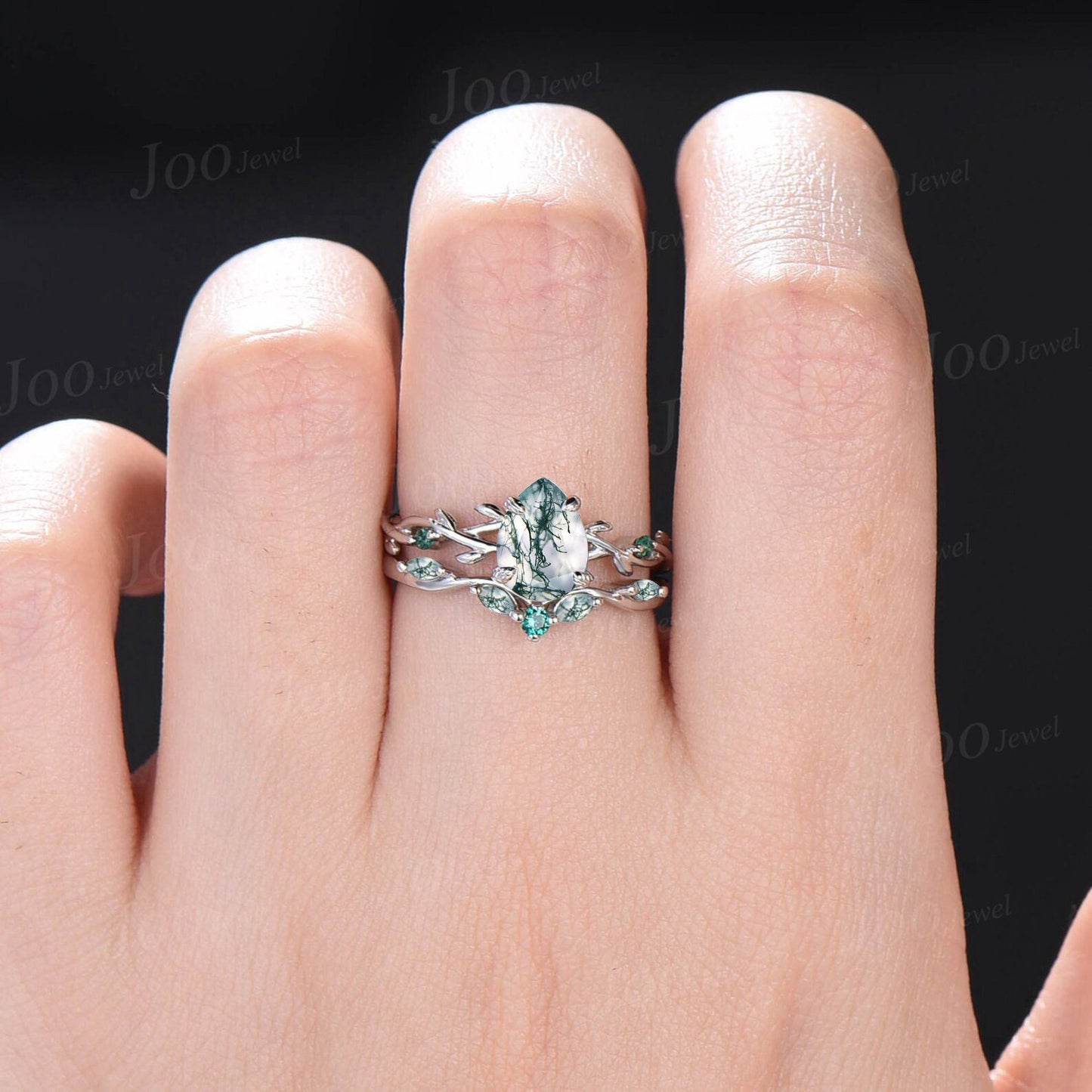 Nature Inspired Moss Agate Bridal Set 10K White Gold 1.25ct Pear Moss Agate Engagement Ring Branch Vine Green Emerald Twig Wedding Ring Set