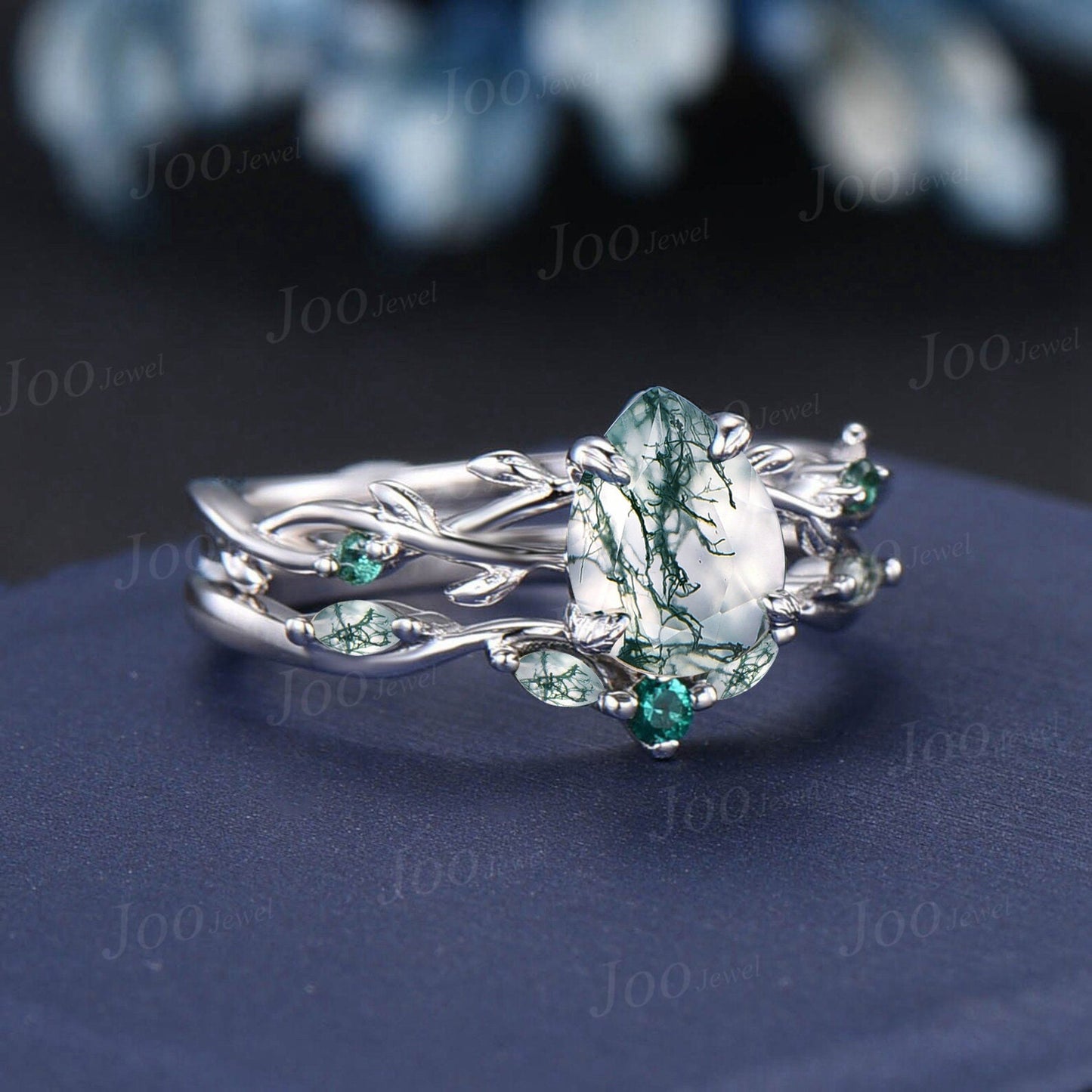 Nature Inspired Moss Agate Bridal Set 10K White Gold 1.25ct Pear Moss Agate Engagement Ring Branch Vine Green Emerald Twig Wedding Ring Set