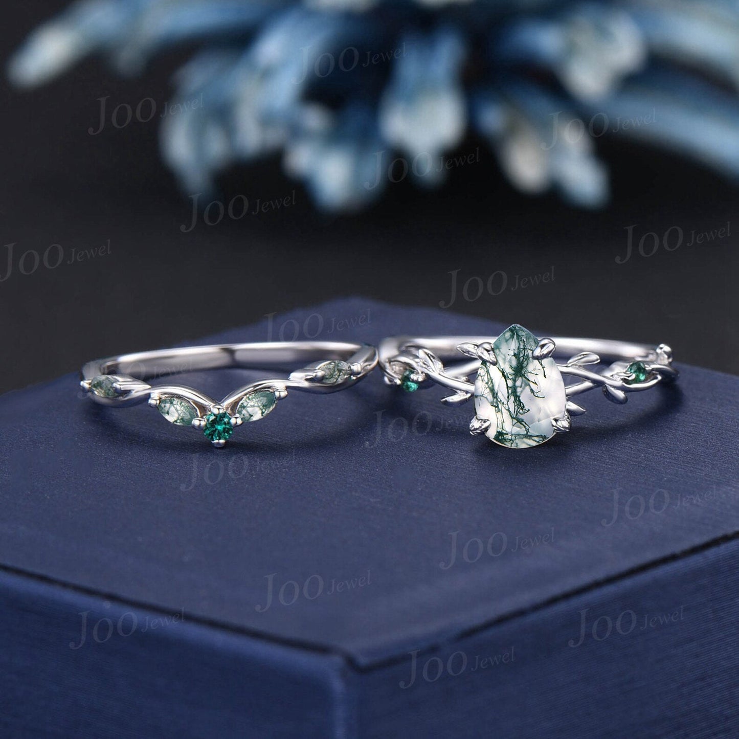 Nature Inspired Moss Agate Bridal Set 10K White Gold 1.25ct Pear Moss Agate Engagement Ring Branch Vine Green Emerald Twig Wedding Ring Set