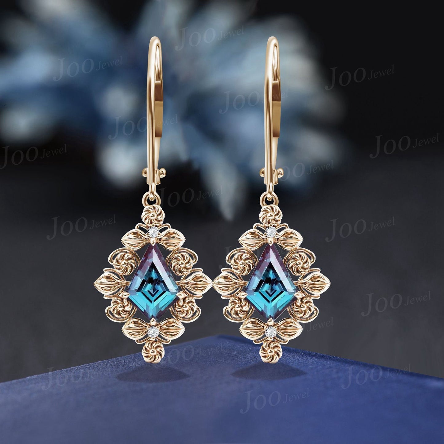 Nature Inspired Floral Color-Change Alexandrite Drop Earrings 14K Rose Gold Kite Alexandrite Dangle Earrings Vintage Filigree Leaf Earrings