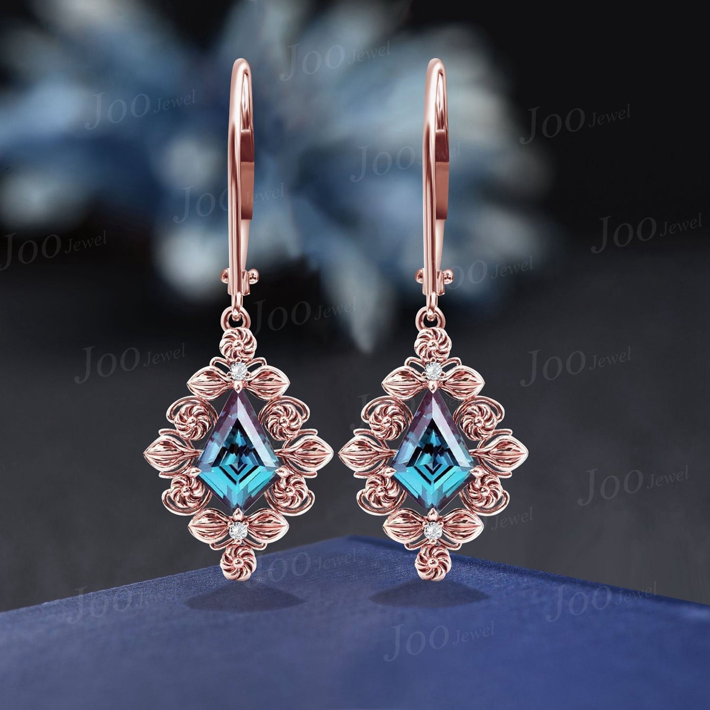 Nature Inspired Floral Color-Change Alexandrite Drop Earrings 14K Rose Gold Kite Alexandrite Dangle Earrings Vintage Filigree Leaf Earrings