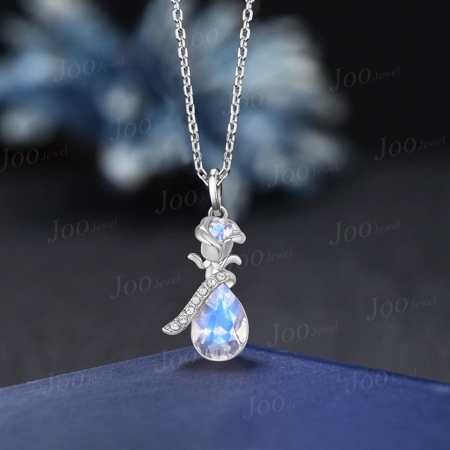Rose Flower Natural Teardrop Moonstone Wedding Pendant Necklace June Birthstone Bridal Drop Necklaces 14K Rose Gold Nature Inspired Jewelry