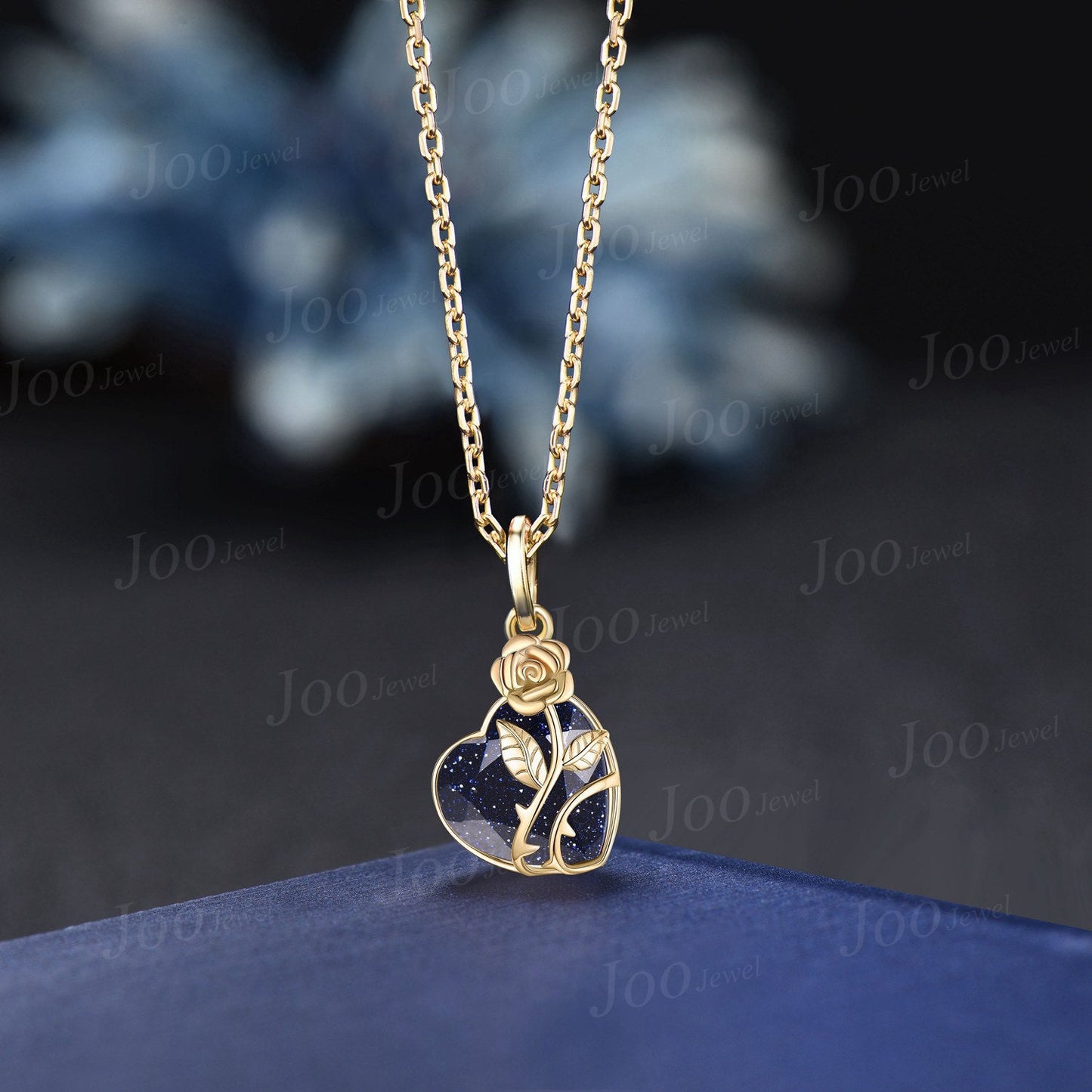 Rose Flower Galaxy Blue Sandstone Wedding Pendant Necklace Heart Shape Bridal Drop Necklaces 14K Rose Gold Nature Inspired Floral Jewelry