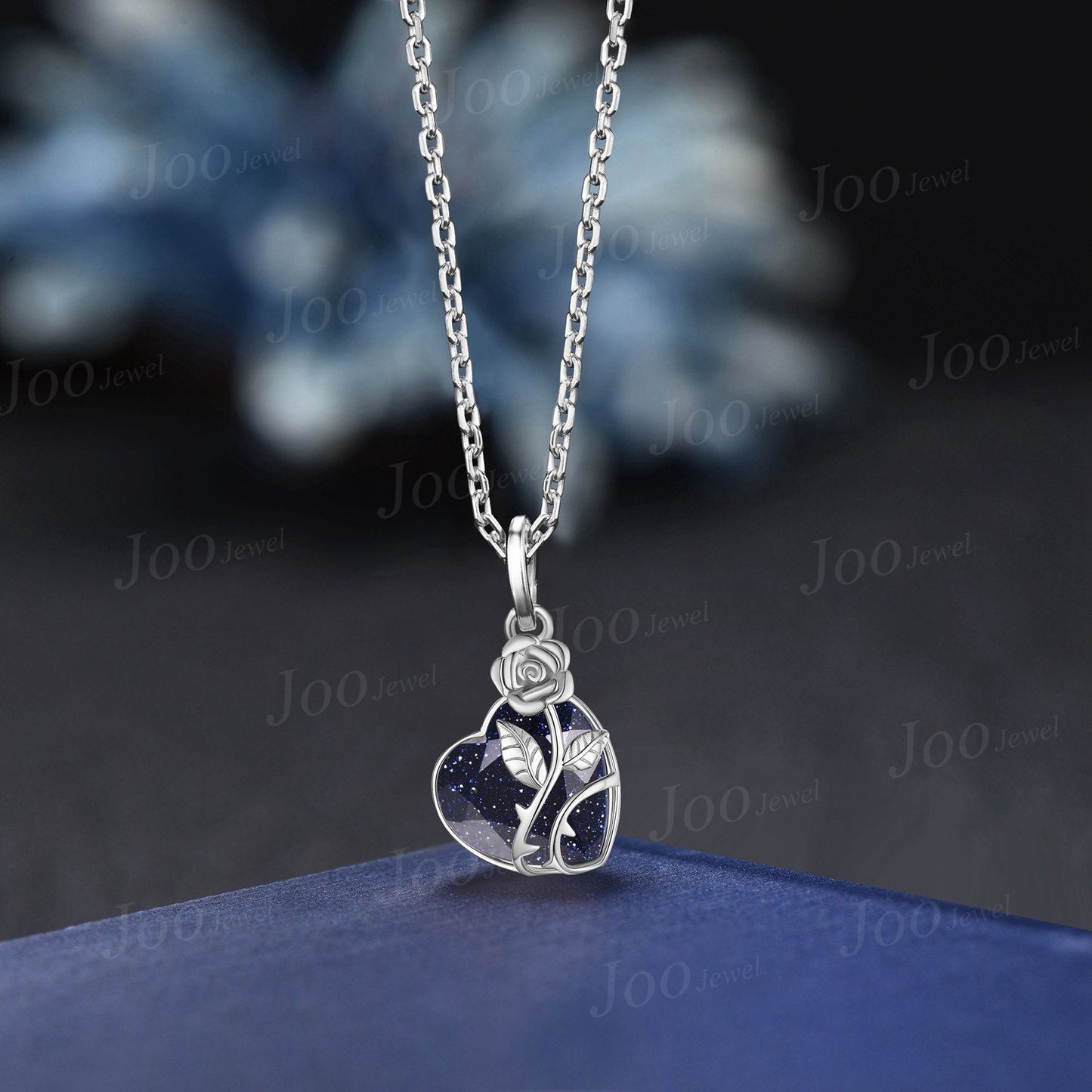 Rose Flower Galaxy Blue Sandstone Wedding Pendant Necklace Heart Shape Bridal Drop Necklaces 14K Rose Gold Nature Inspired Floral Jewelry