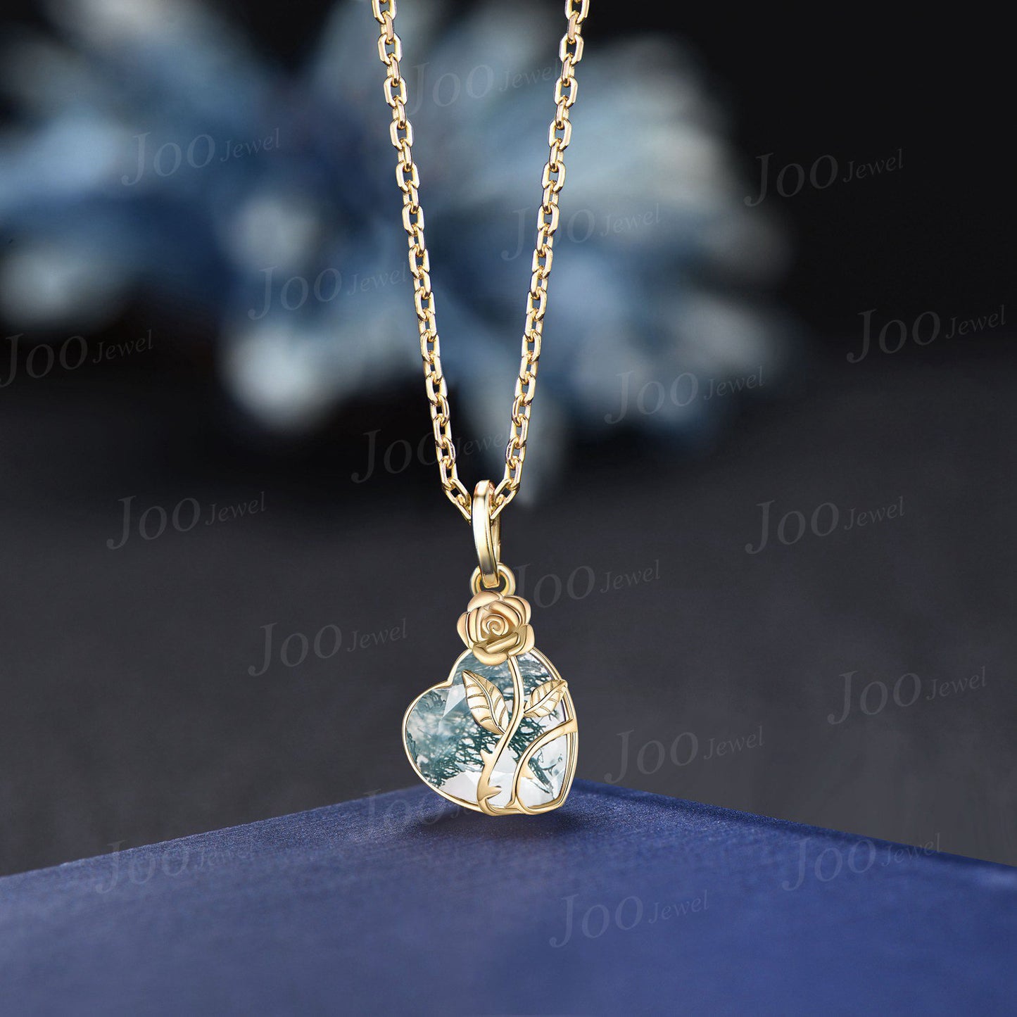 Rose Flower Family Tree Pendant Necklace Heart Shape Natural Moss Agate Bridal Drop Necklaces 14K Rose Gold Nature Inspired Floral Jewelry