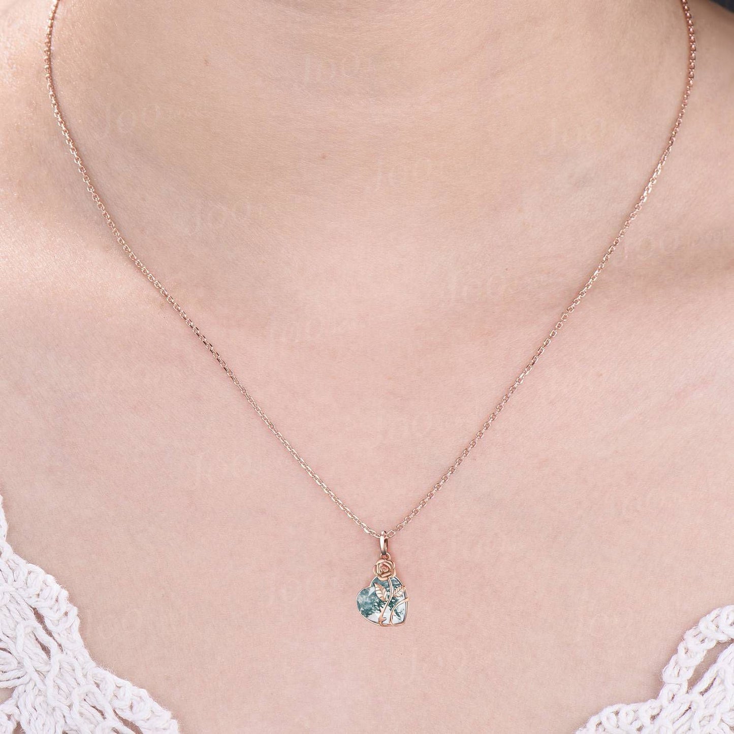 Rose Flower Family Tree Pendant Necklace Heart Shape Natural Moss Agate Bridal Drop Necklaces 14K Rose Gold Nature Inspired Floral Jewelry