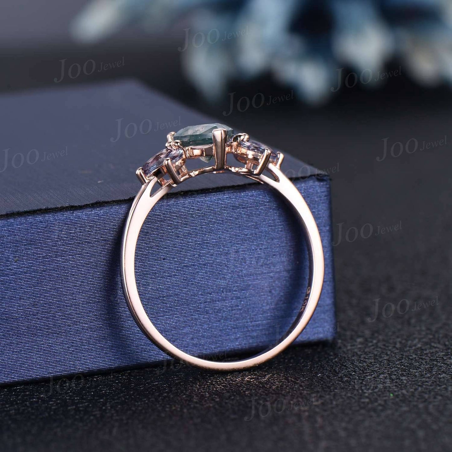 1.25ct Natural Moss Agate Engagement Ring 10K Rose Gold Marquise Color-Change Alexandrite Ring Unique Pear Moss Agate Promise Ring for Women