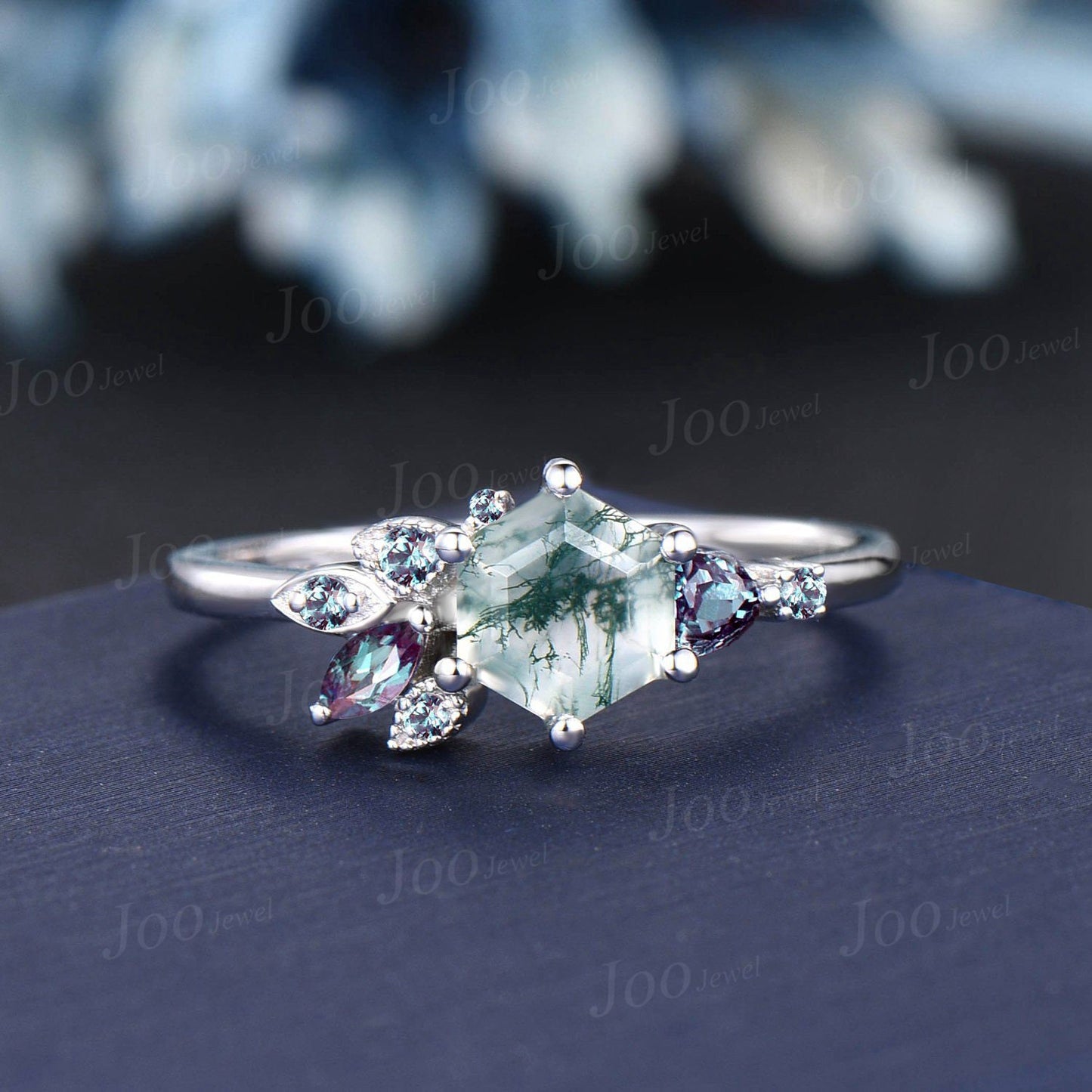 1ct Hexagon Cut Natural Green Moss Agate Engagement Rings 10K Rose Gold Color-Change Alexandrite Promise Ring Unique Cluster Wedding Rings