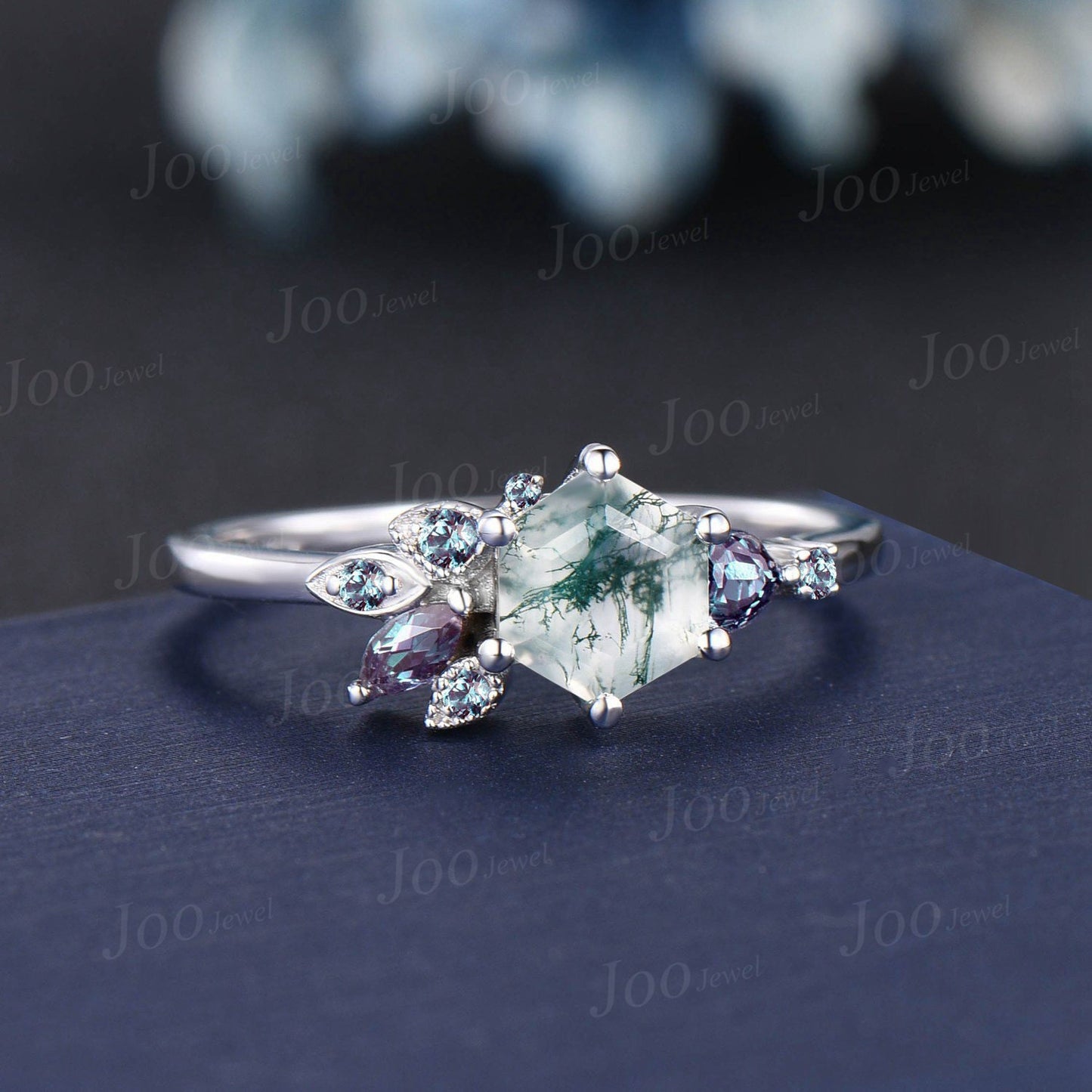 1ct Hexagon Cut Natural Green Moss Agate Engagement Rings 10K Rose Gold Color-Change Alexandrite Promise Ring Unique Cluster Wedding Rings