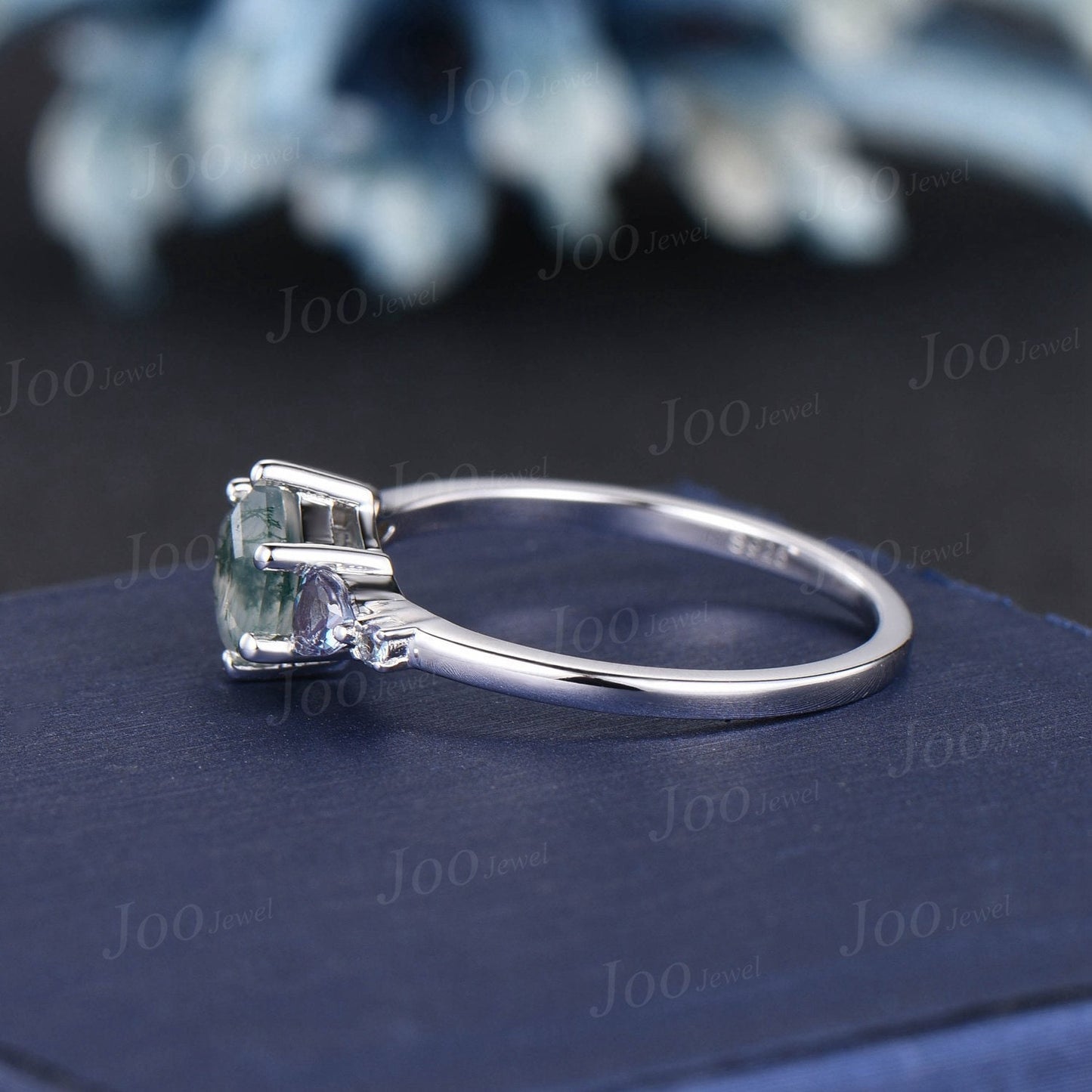 1ct Hexagon Cut Natural Green Moss Agate Engagement Rings 10K Rose Gold Color-Change Alexandrite Promise Ring Unique Cluster Wedding Rings