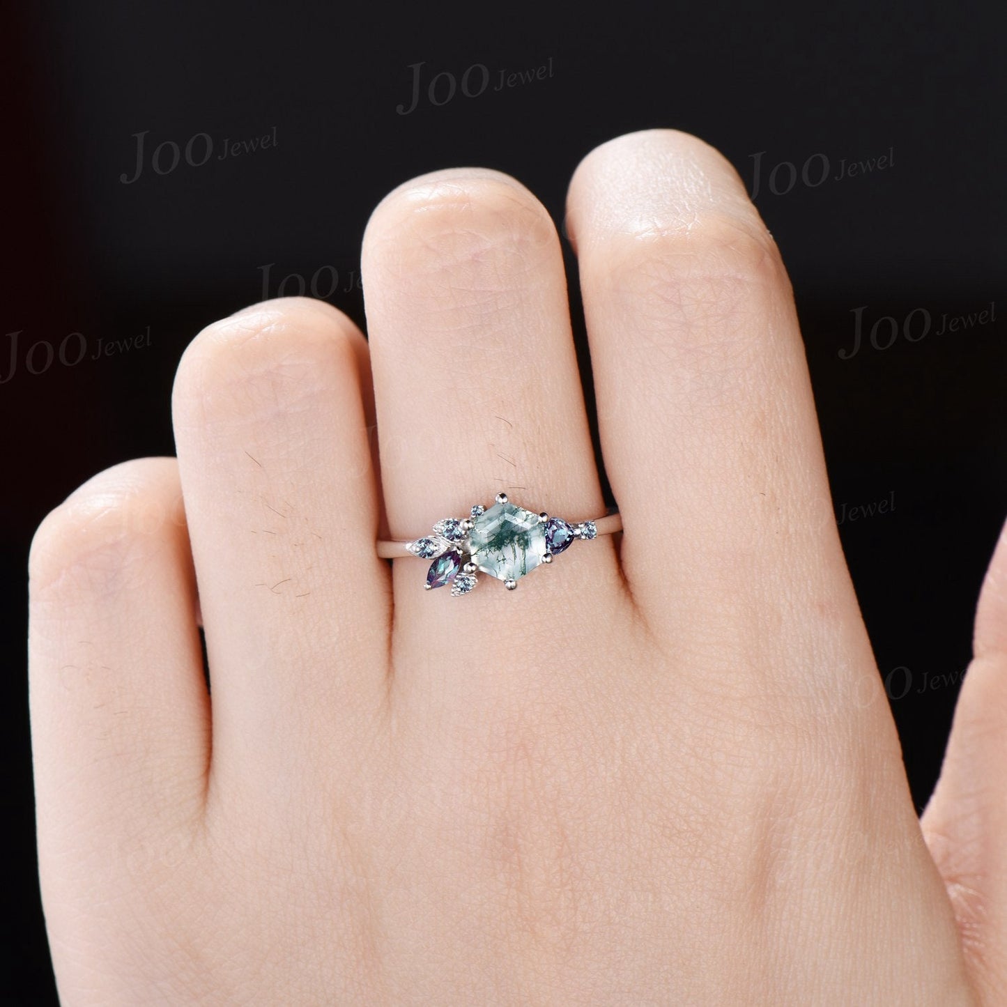 1ct Hexagon Cut Natural Green Moss Agate Engagement Rings 10K Rose Gold Color-Change Alexandrite Promise Ring Unique Cluster Wedding Rings