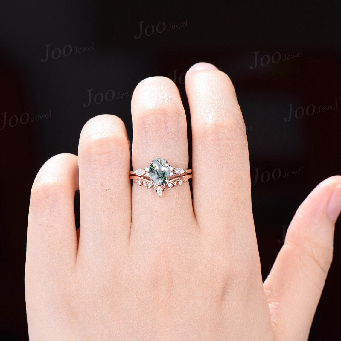 1.5ct Oval Cut Moss Agate Engagement Bridal Ring Set 14K Rose Gold Cluster Moissanite Diamond Ring Twig Vine Branch Wedding Band for Women