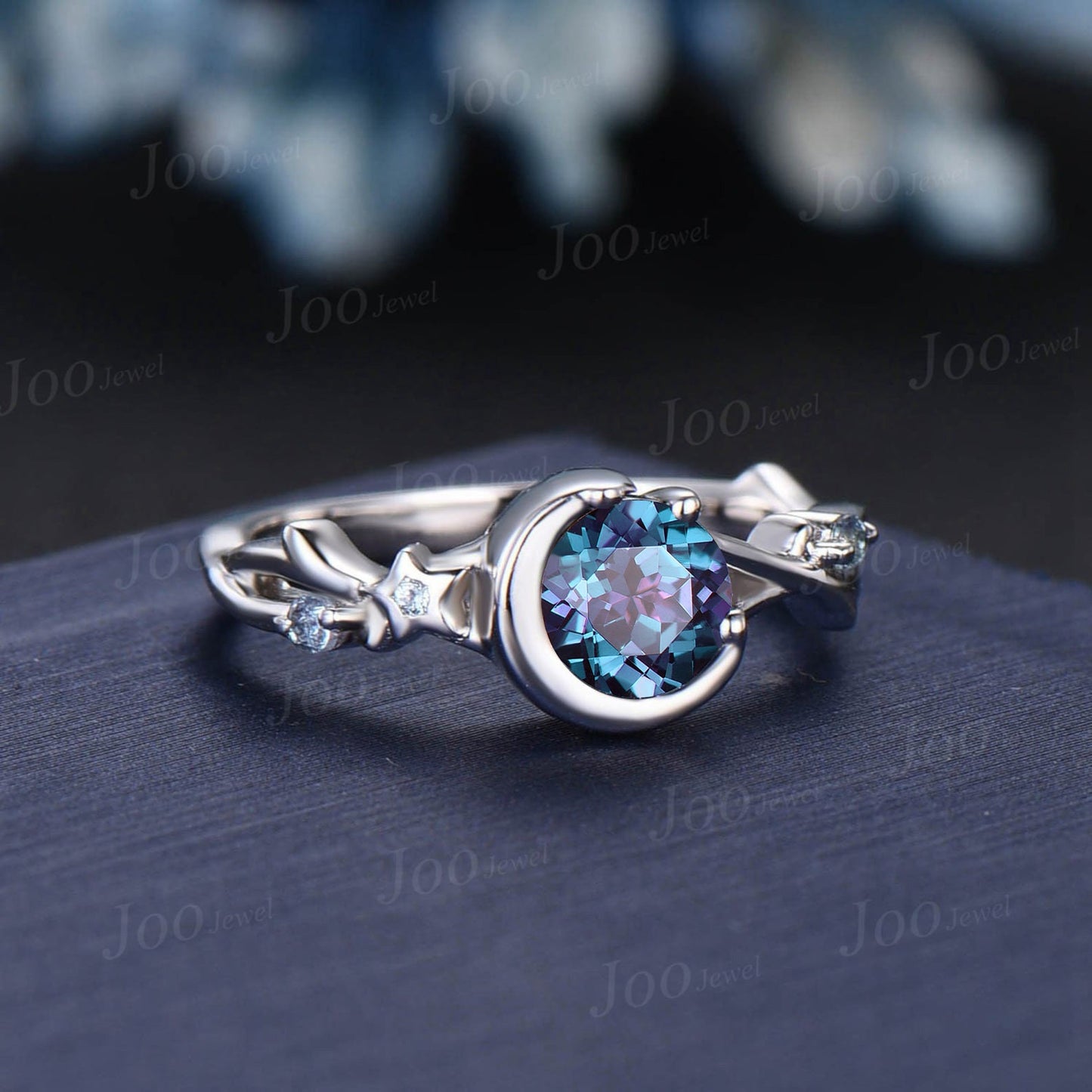 6.5mm/5mm Round Cut Nature Inspired Color-Change Alexandrite Ring Moon Star Design Cluster Alexandrite Twig Vine Blue Ring Celestial Promise Ring